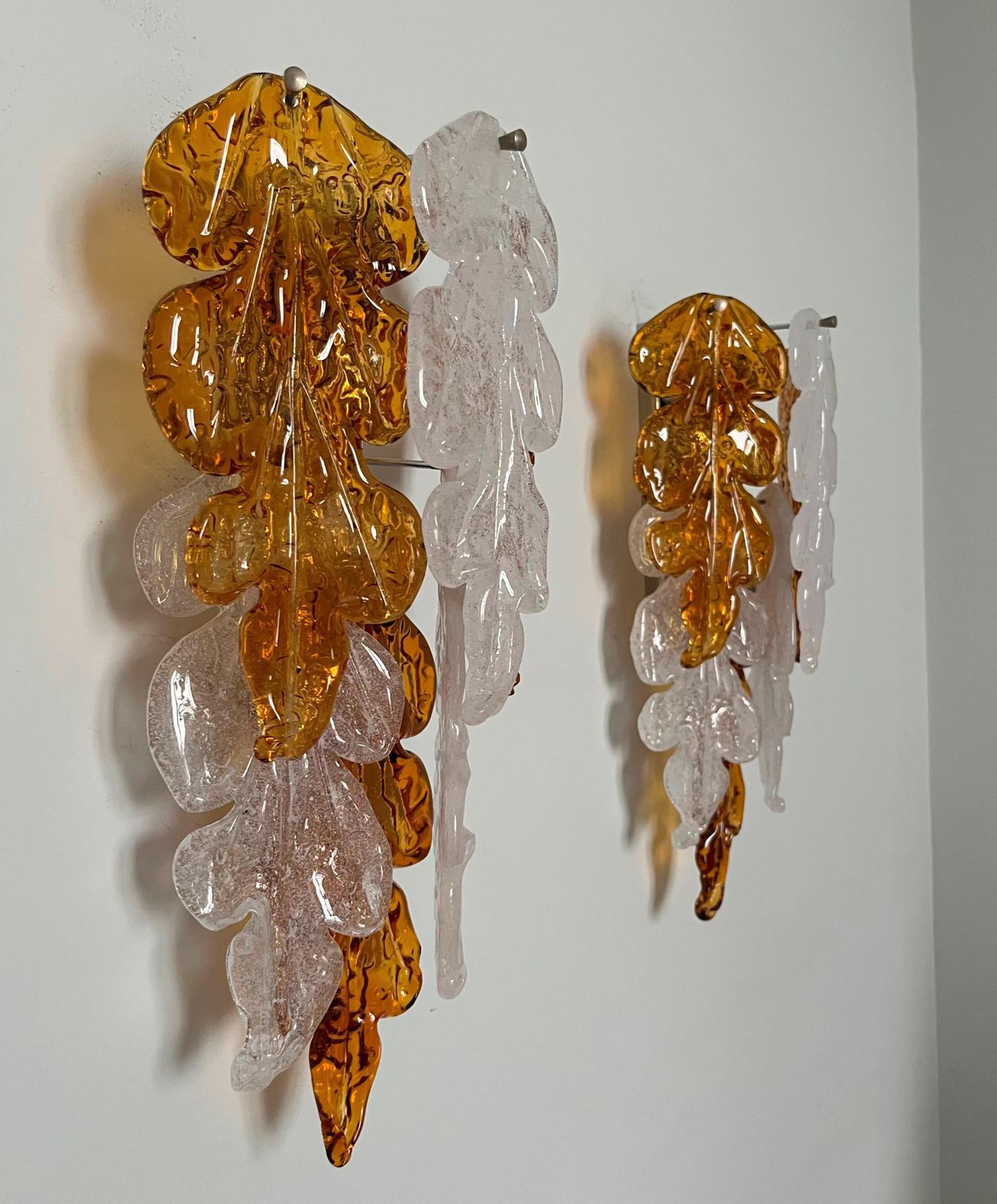 Italian Midcentury Pair Of Amberclear Murano Leaf Wall Sconces By Mazzega, 1970s photo Lighting