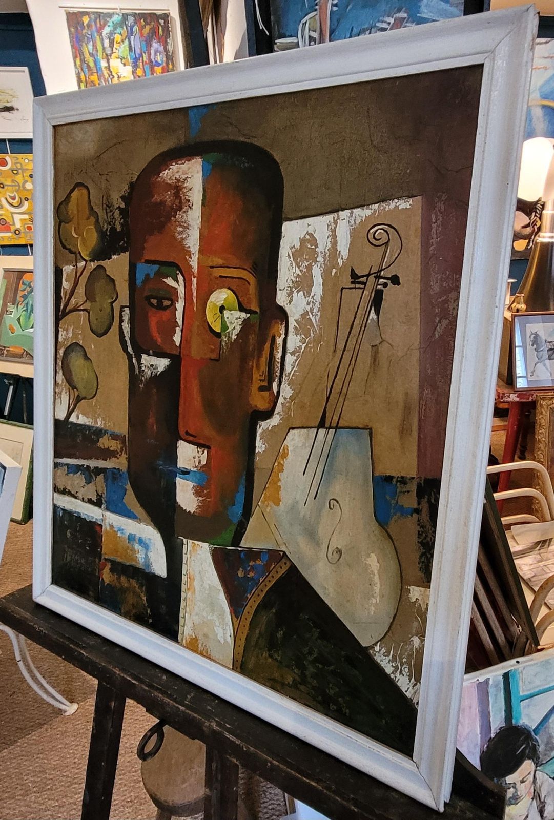 photo vintage Cubist Inspired Portrait, Oil On Board, Framed, Late 20th Century By Marius Oddo