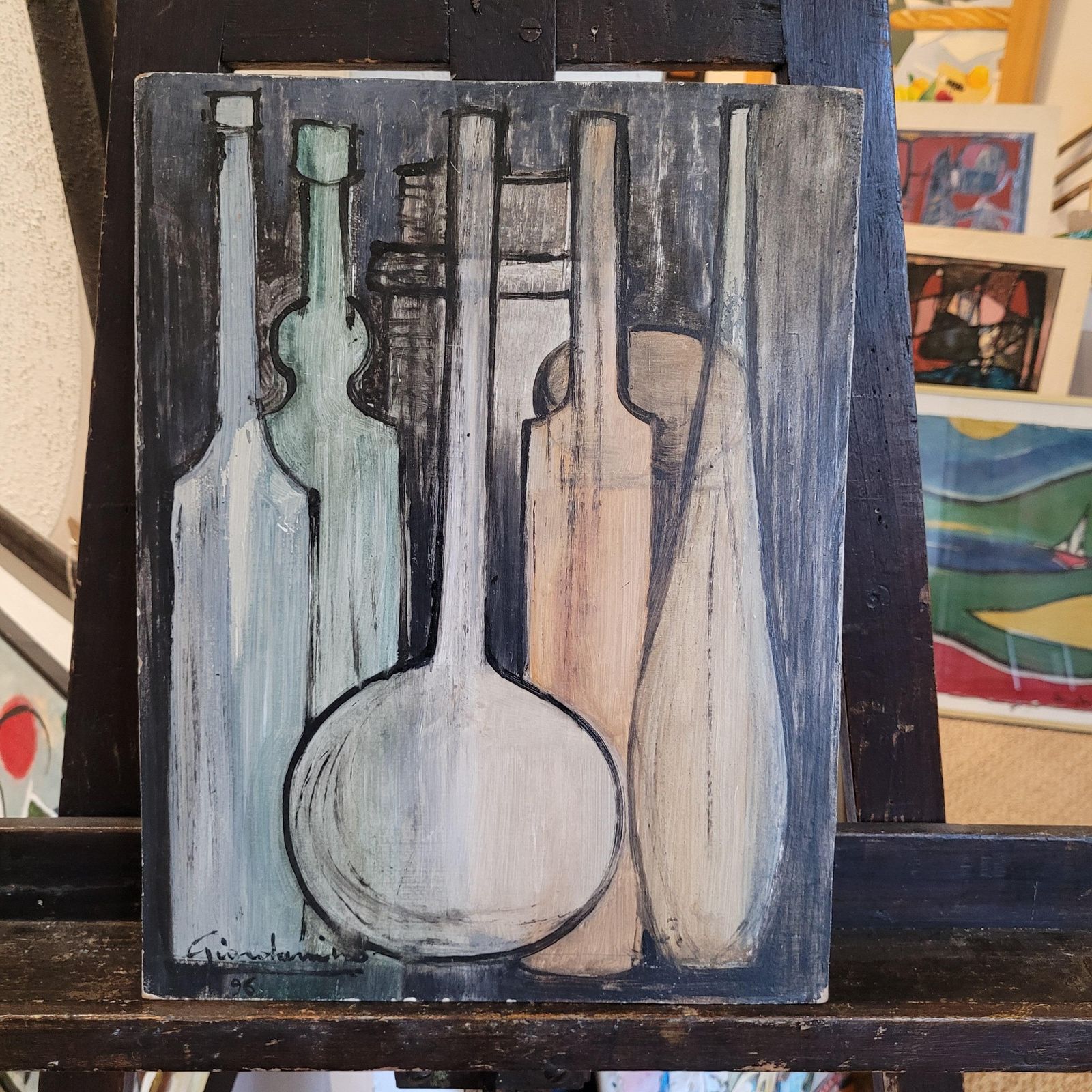 photo for sale Still Life Of Bottles, Oil On Board, Late 20th Century, Signed, 1996 By Giordanino