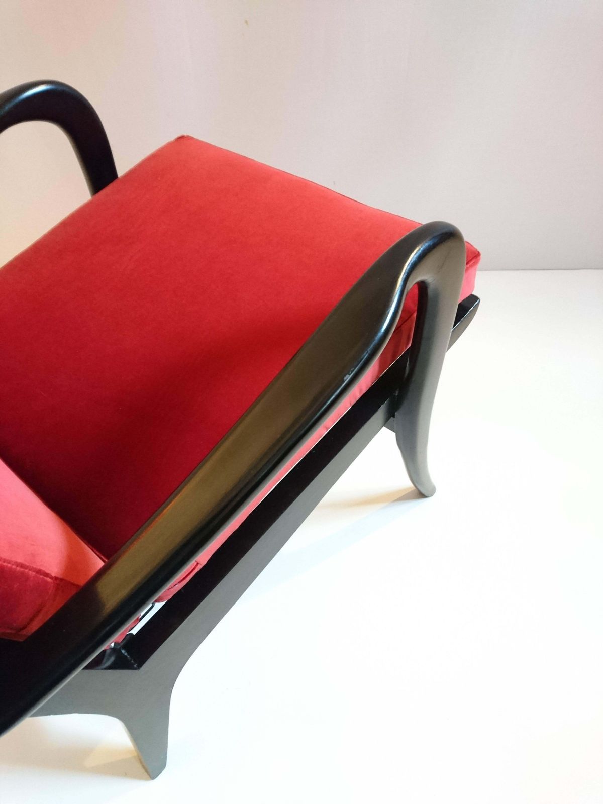 Midcentury Wingback Armchair In Red Velvet And Blackened Wood photo vinterior