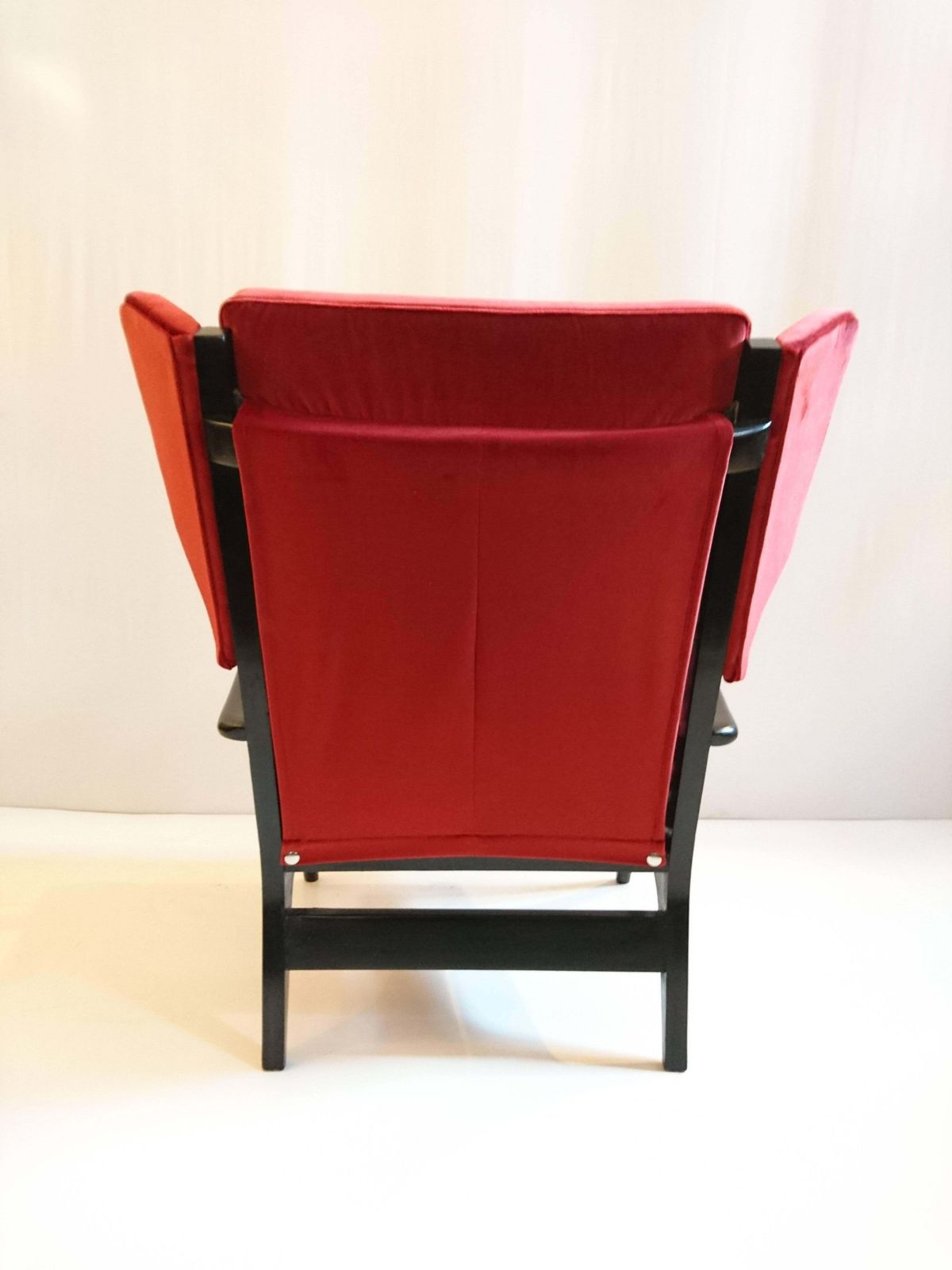 photo furniture Midcentury Wingback Armchair In Red Velvet And Blackened Wood