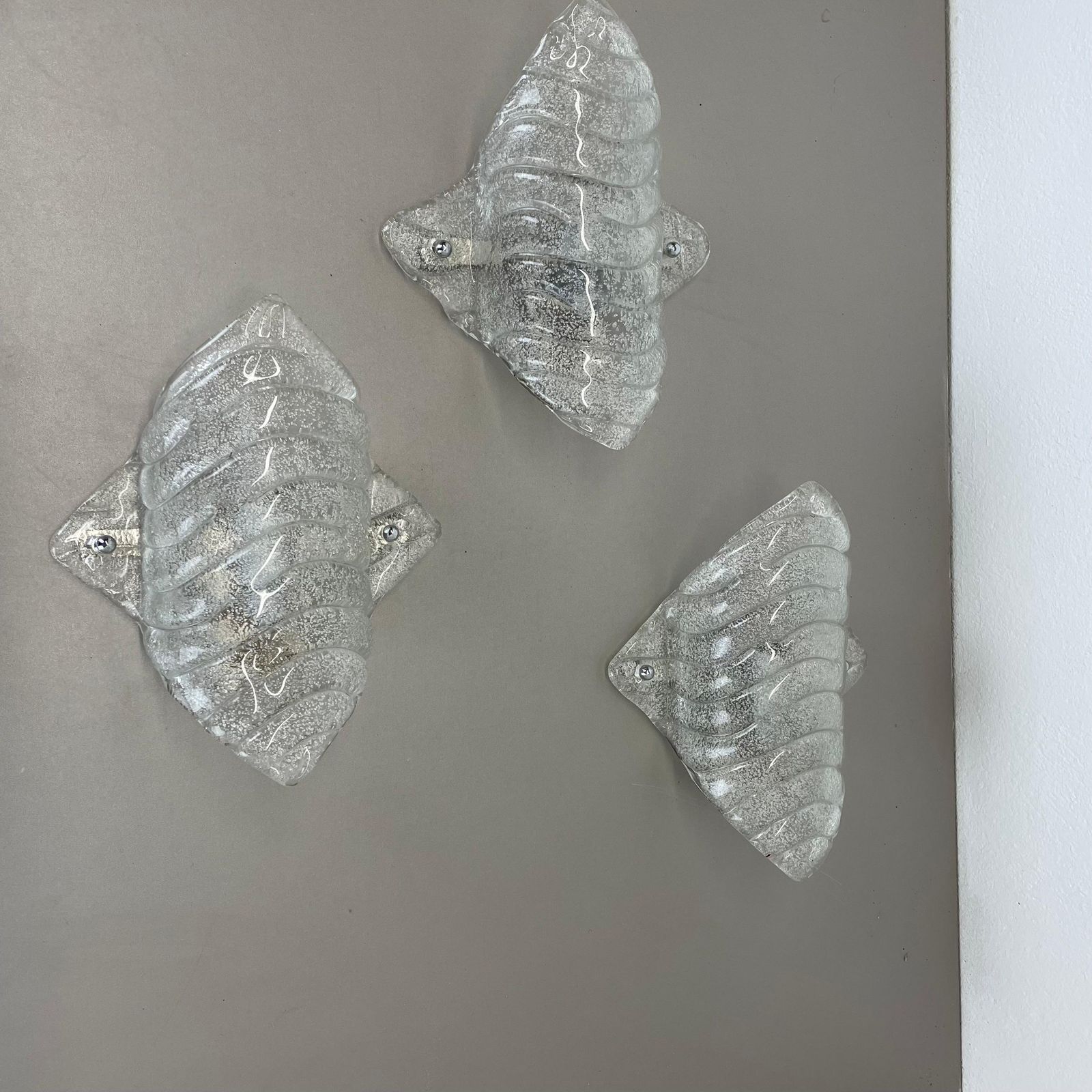 Set Of 3 Murano Ice Glass Wall Light Sconces Fischer Leuchten Germany, 1970 photo for sale