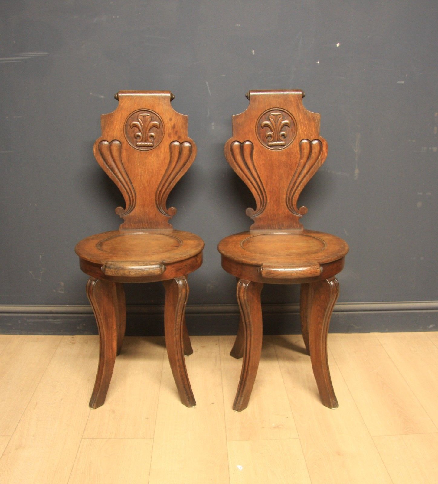 Antique Victorian Oak Pair Of Hall Chairs