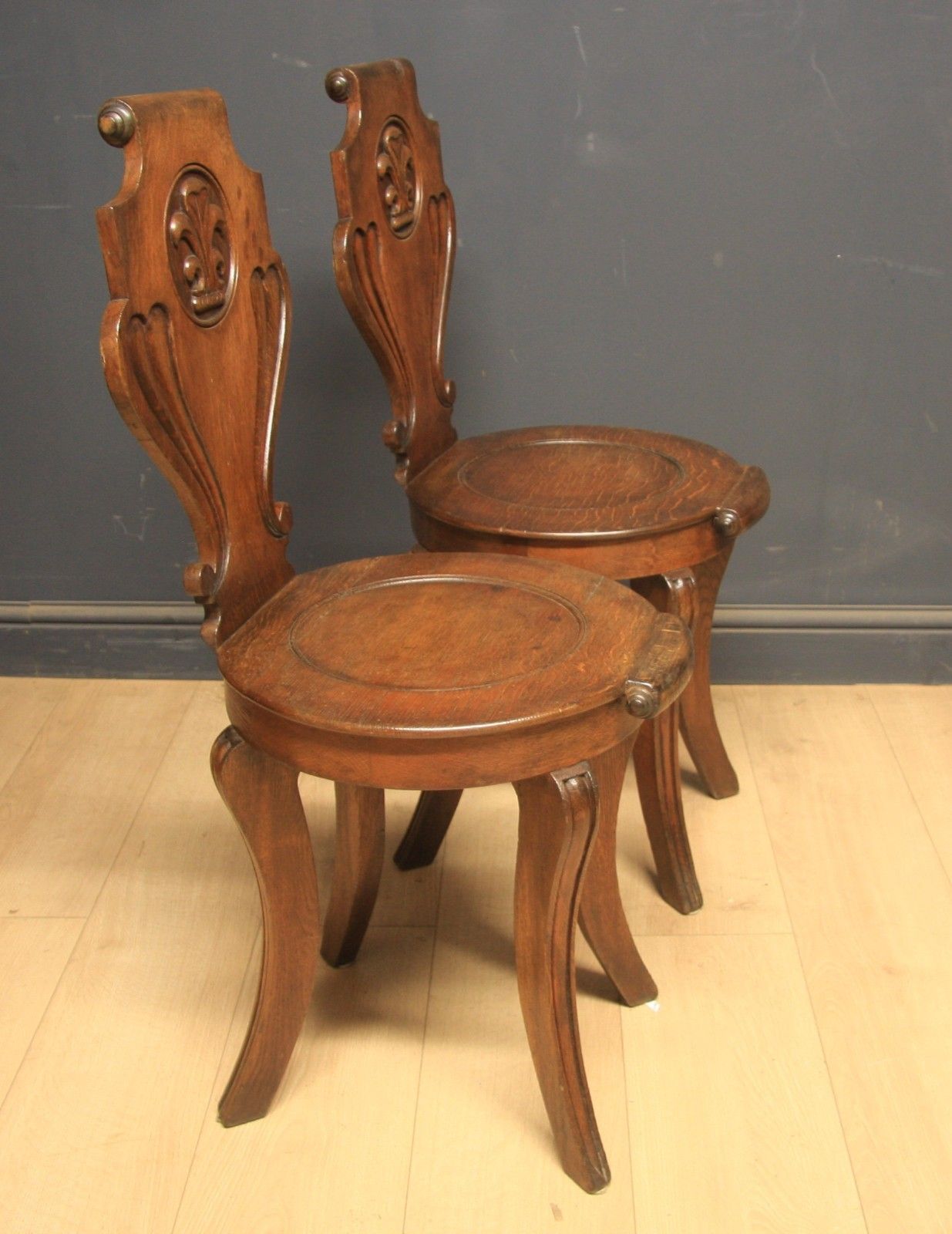 Antique Victorian Oak Pair Of Hall Chairs photo Furniture