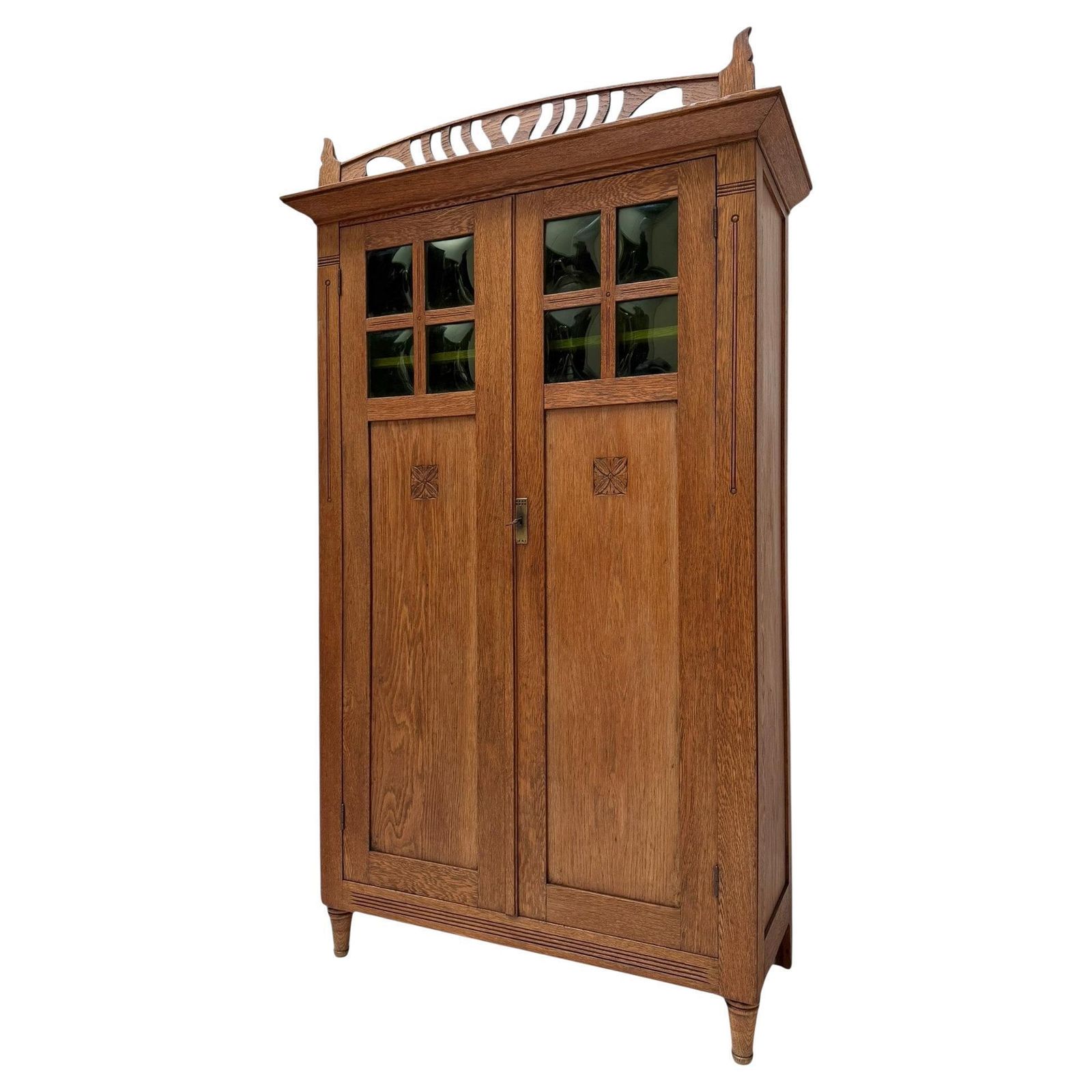 Arts & Crafts Art Nouveau Bookcase With Original Green Glass, 1900s