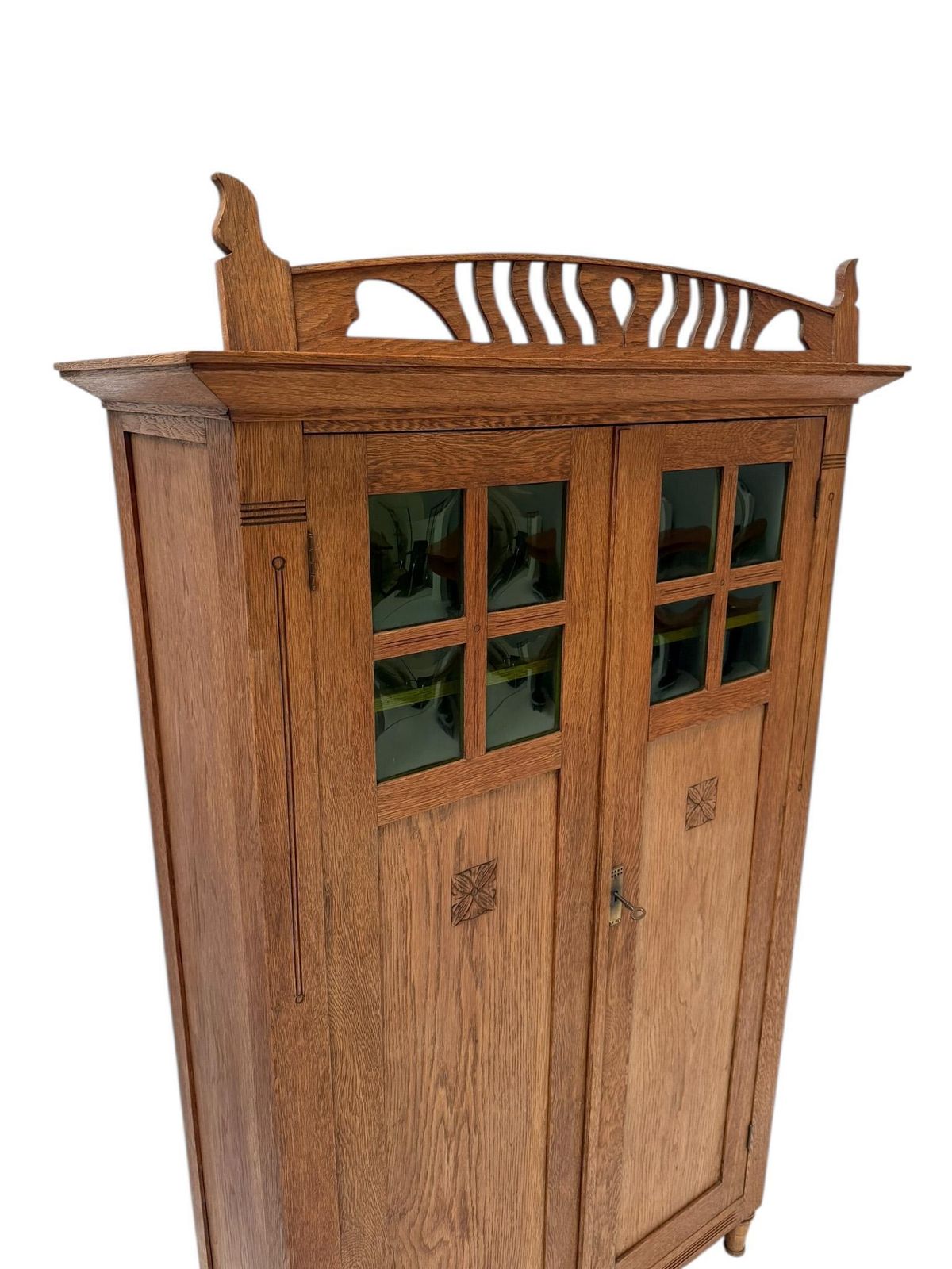 photo for sale Arts & Crafts Art Nouveau Bookcase With Original Green Glass, 1900s