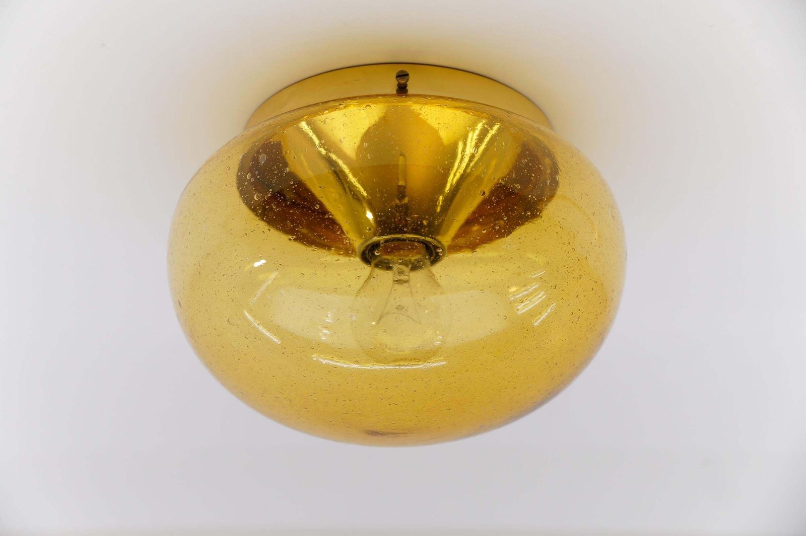 Pair Of Amber Gold With Air Bubble Inclus Wall Lamps / Flush Mount Lights, 1960s photo vinterior