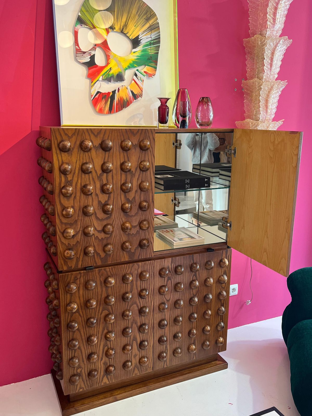 photo for sale Brutalist Style Italian Dry Bar Made Of Wood And Glass, Drinks Cabinet