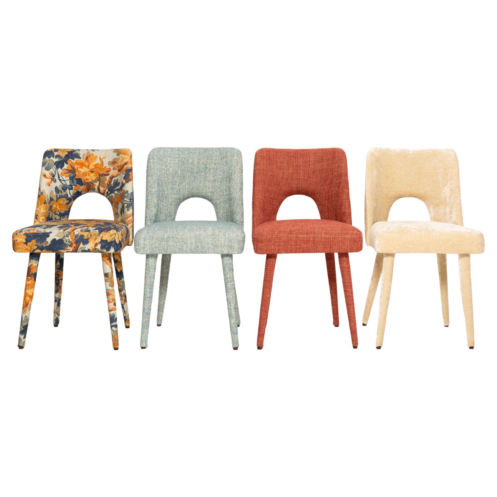 Set Of Four Mid Century Shell Chairs Mixed Chairs, Fabrics By Pierre Frey, 1960s