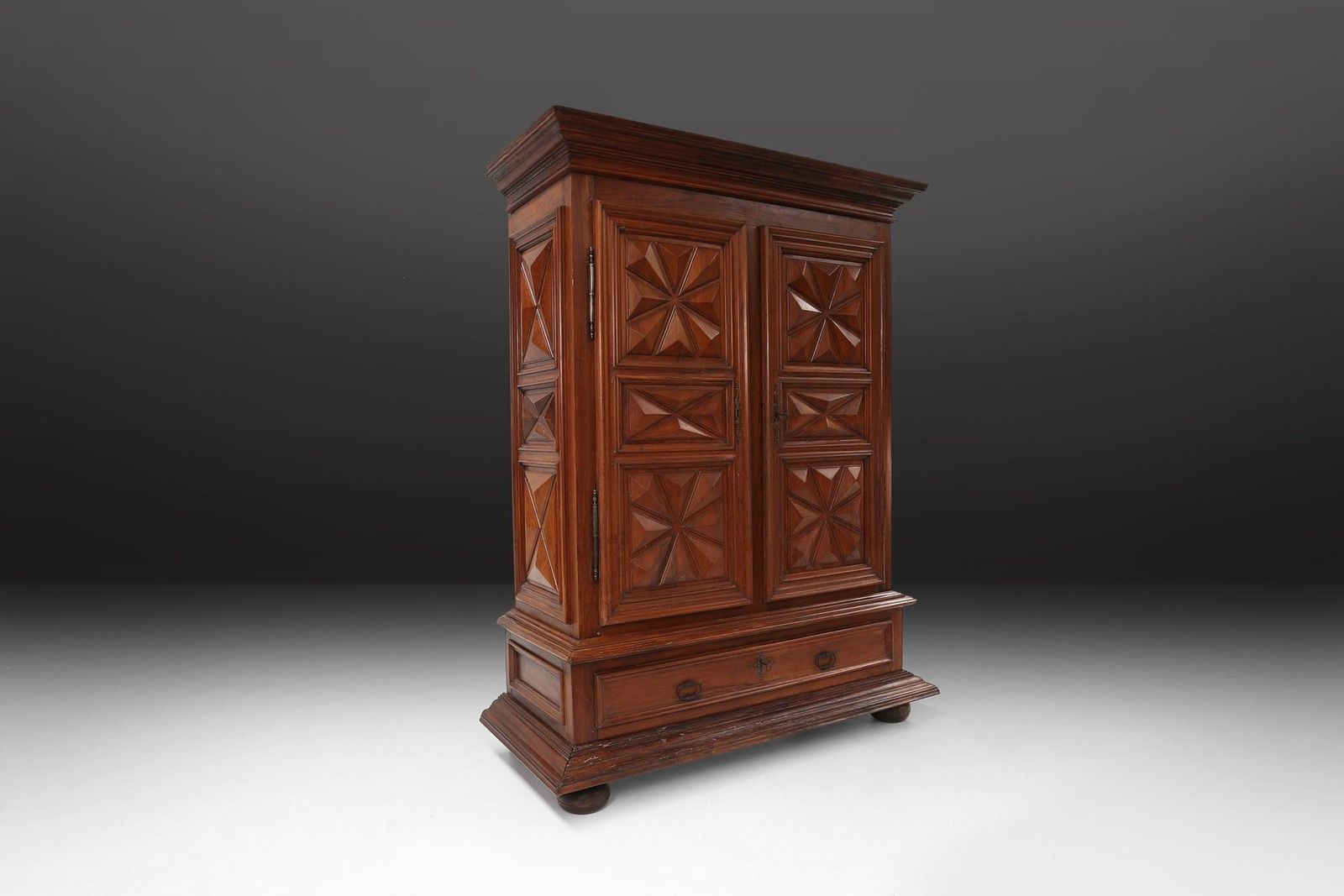 French Louis XIII Oak Wardrobe With Geometric Carving, Early 17th Century photo furniture
