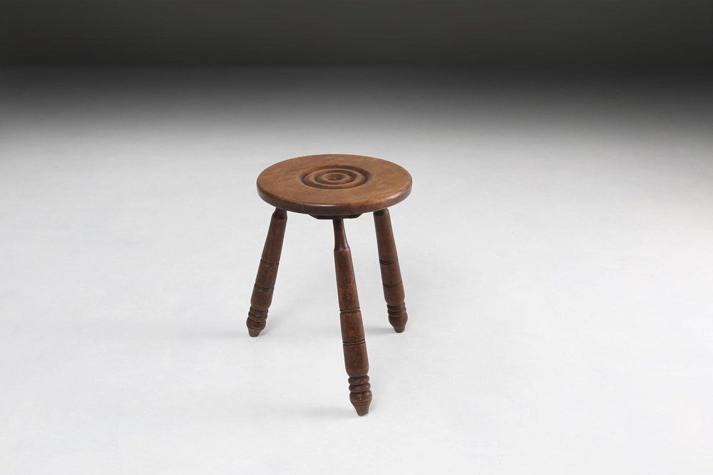 Vintage Brutalist Low Oak Stool, Belgium, 1960s