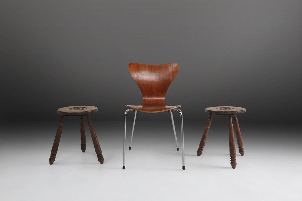 Vintage Brutalist Low Oak Stool, Belgium, 1960s photo vintage
