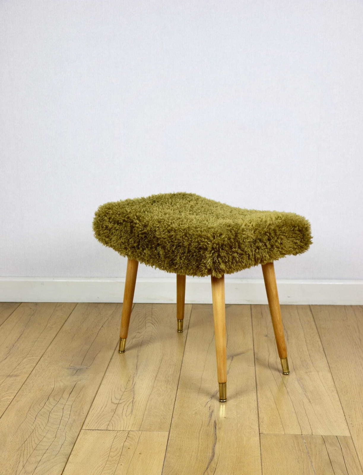 Edmund Homa Stool, High Seat, Khaki / Olive Pile   Gilded Beech Legs photo furniture