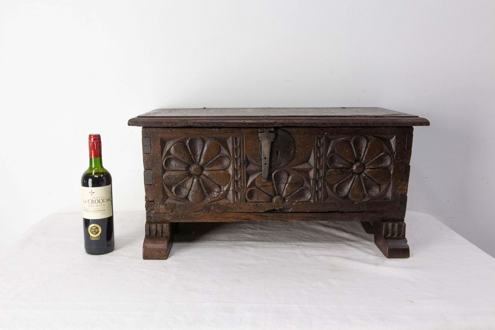 1900 Little Rustic Chest Or Coffer Gothic Carved Oak & Wrought Iron, French photo 767.0