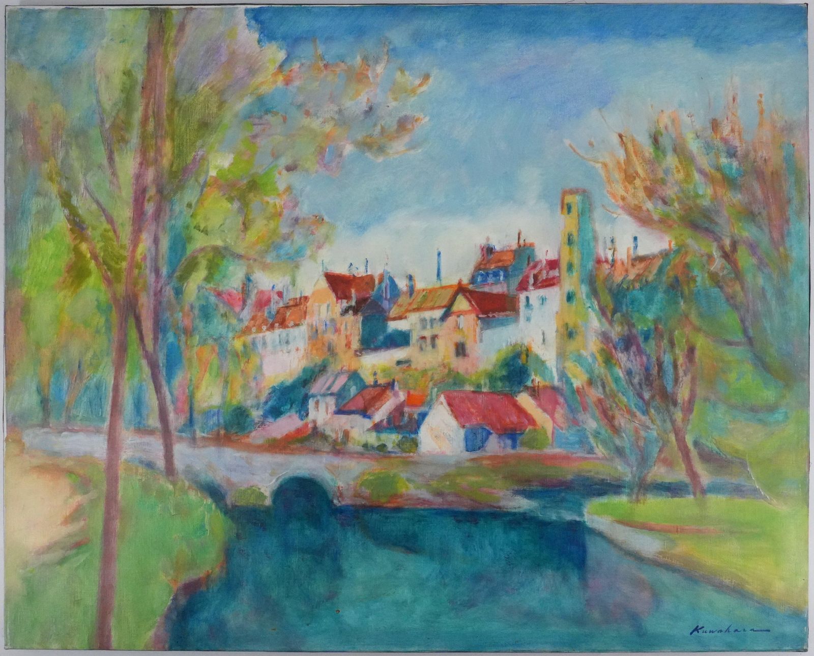 Masaaki Kuwaharavillage Near The Bridge   Original Oil On Canvas, Signedc. 1965