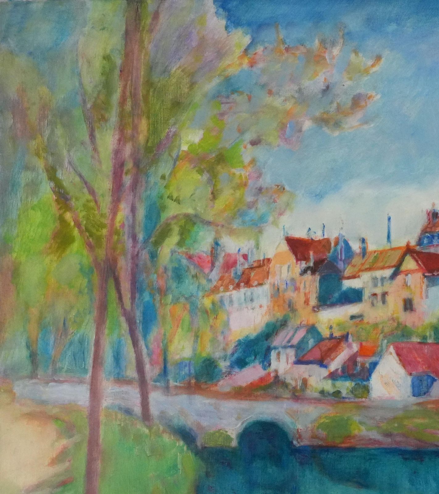Masaaki Kuwaharavillage Near The Bridge   Original Oil On Canvas, Signedc. 1965 photo Art