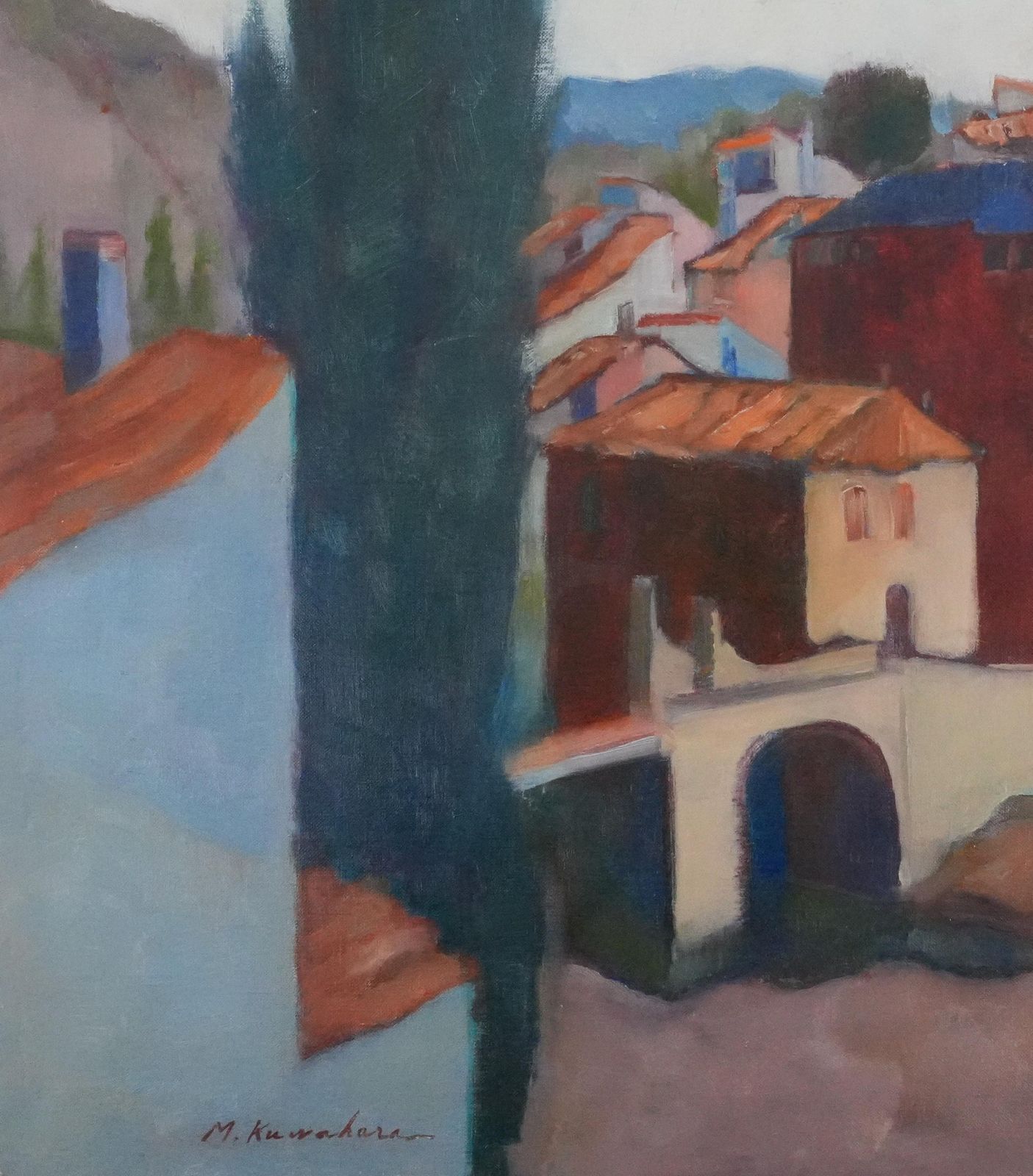 Masaaki Kuwaharahouses With Colorful Roofs   Original Oil On Canvas, Signedc. 1965 photo 889.0