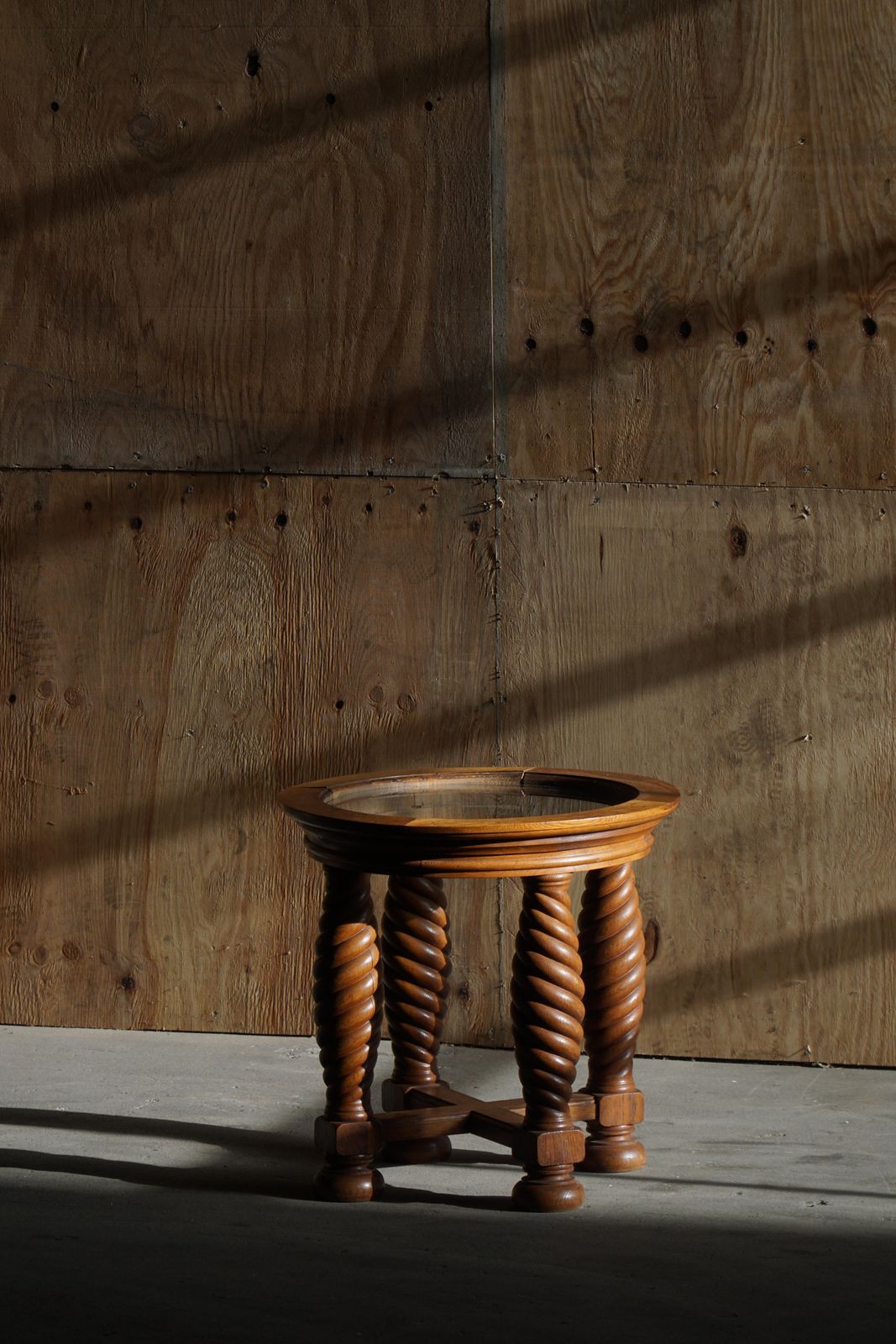 4344.0 Danish Mid Century Modern, Oak Table With Spiral Turned Legs & Glass Top, 1950s photo