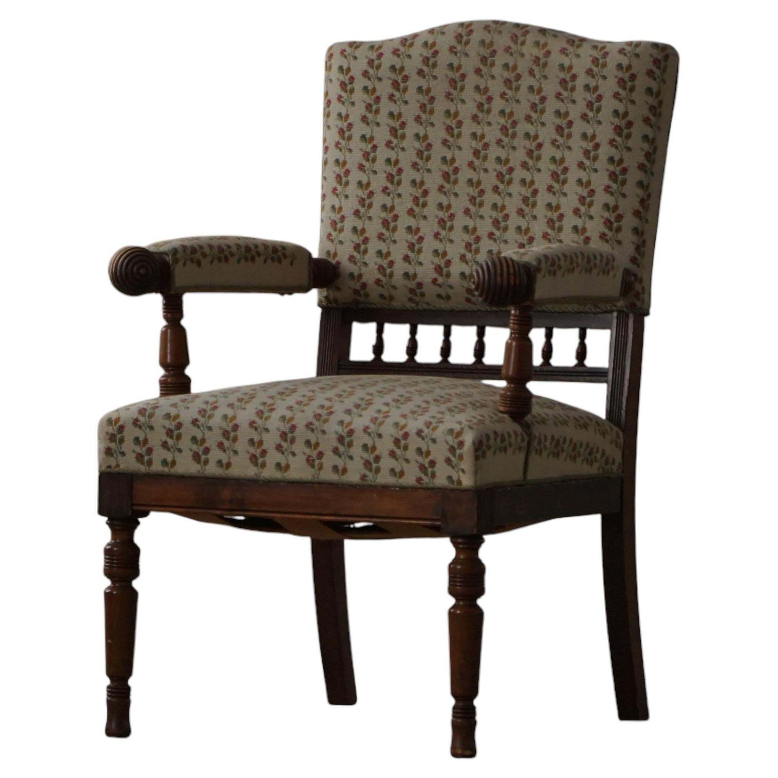 Danish Modern Armchair In Turned Wood With Floral Upholstery, Early 20th Century