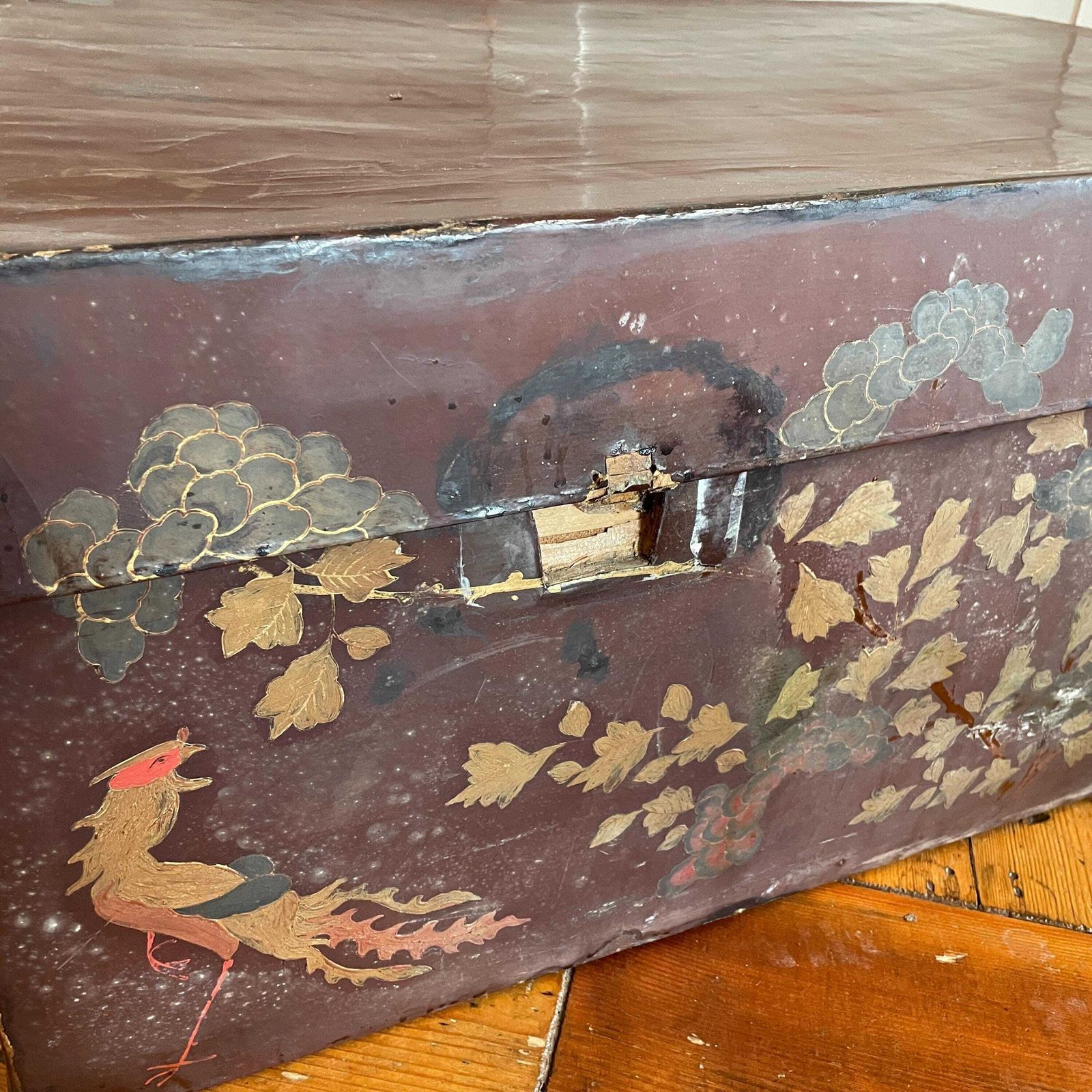 Large Hand Painted Chinese Trunk Dark Red Lacquered Oriental Storage Chest Vintage Blanket Box Coffee Table Decor Asian Chinoiserie photo 345.0