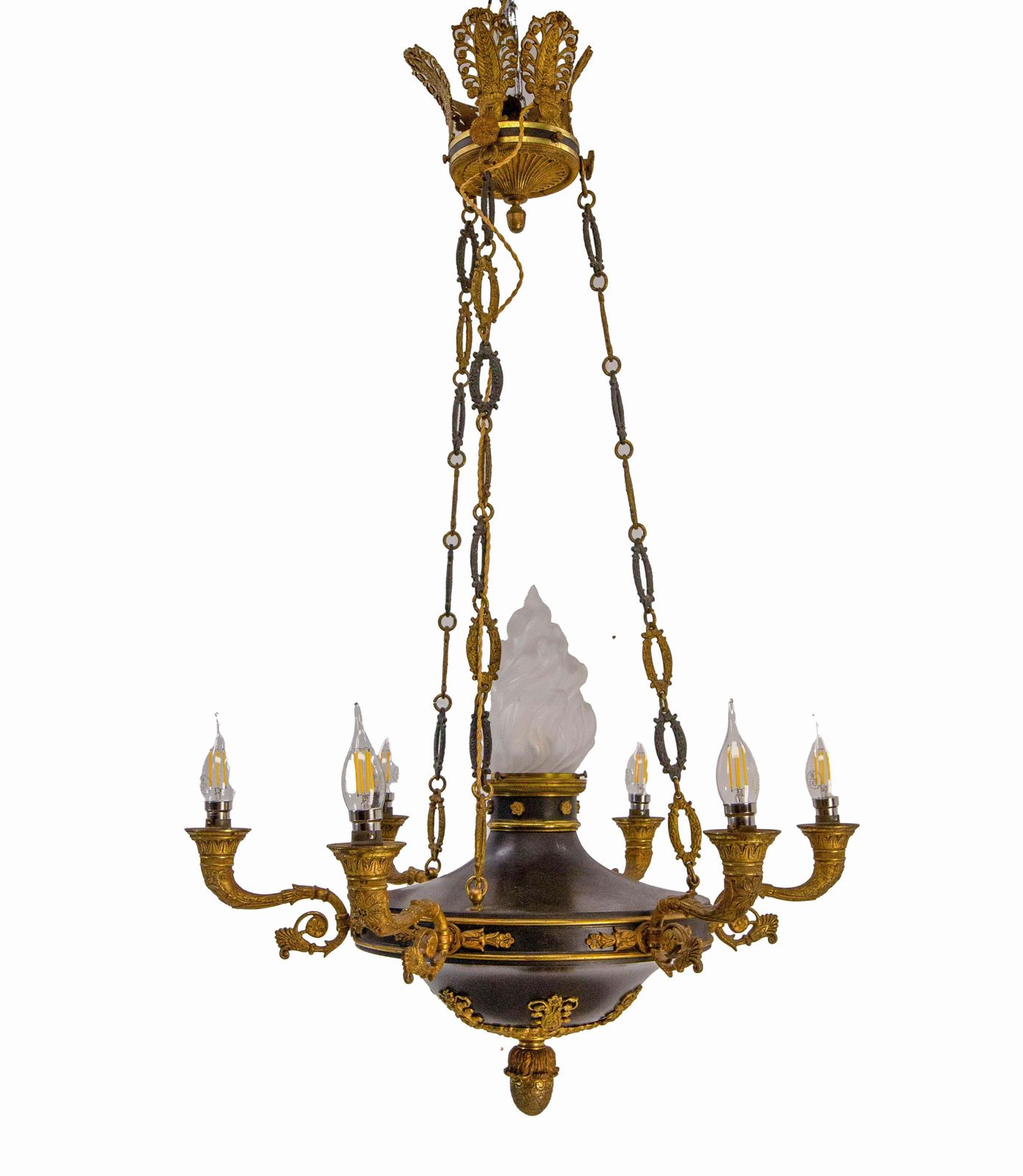 French Chandelier Ceiling Pendant Lustre Bronze & Glass Empire Style Circa 1890 photo for sale