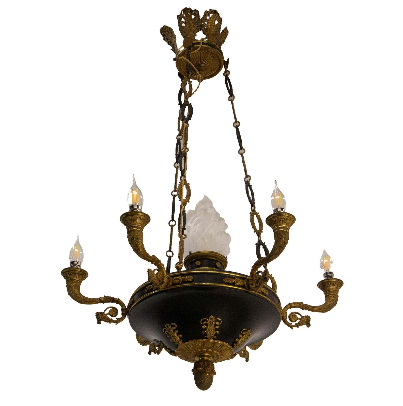 French Chandelier Ceiling Pendant Lustre Bronze & Glass Empire Style Circa 1890 photo Lighting