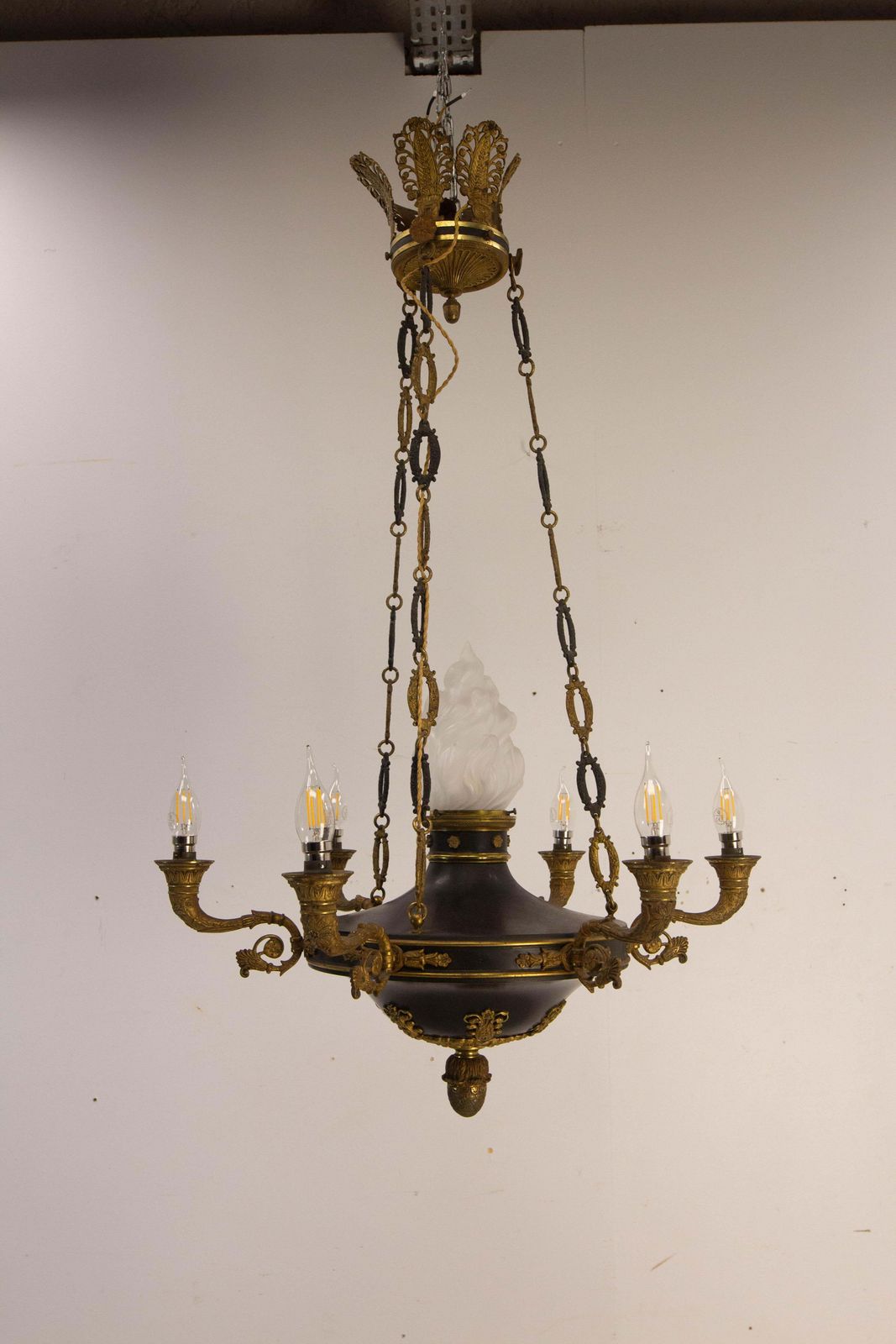 French Chandelier Ceiling Pendant Lustre Bronze & Glass Empire Style Circa 1890 photo vinterior