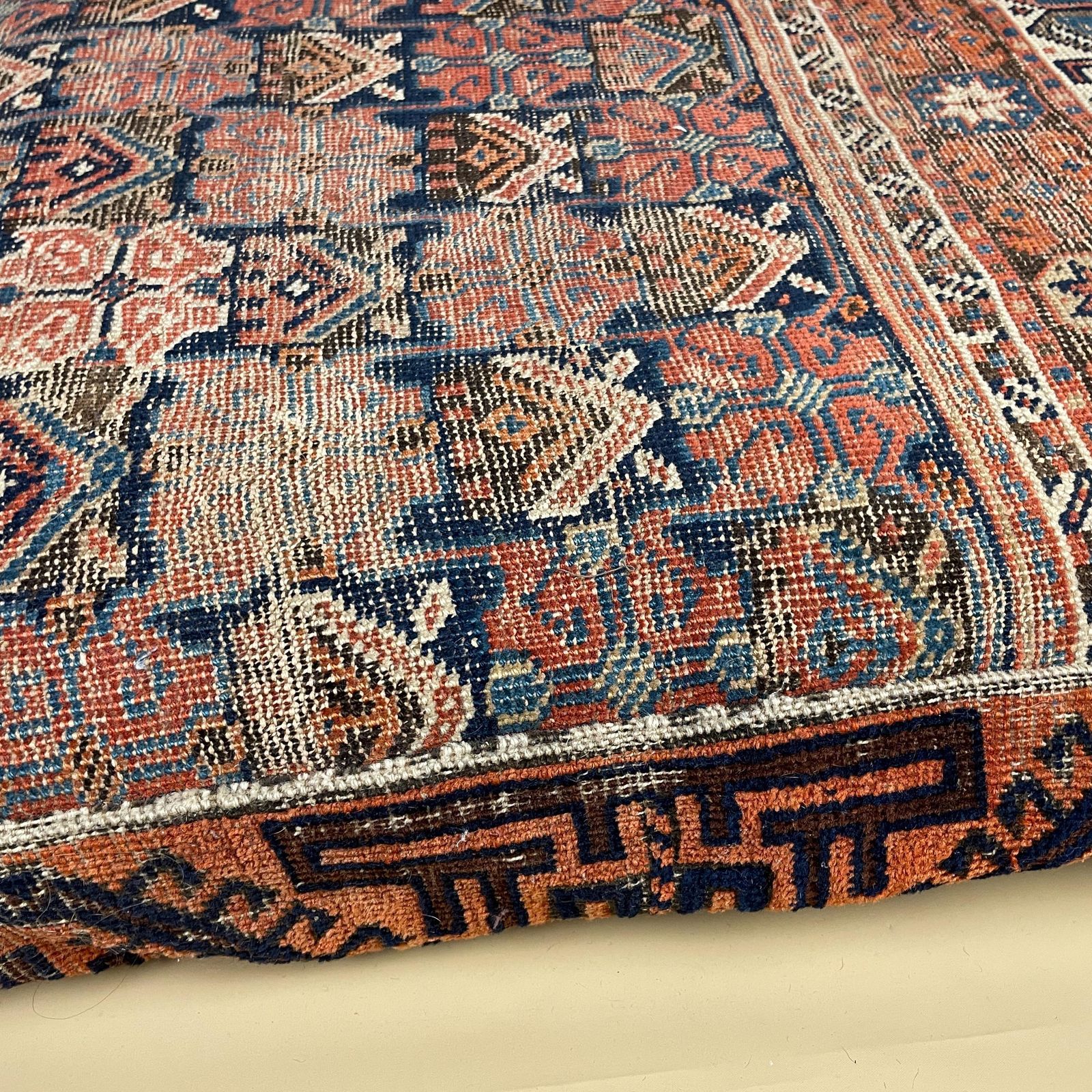 Vintage Carpet Floor Cushion Wool Rug Leather Backed Turkish Handwoven Pouffe Sofa Seat Handmade Red Geometric Decorative Accent photo buy