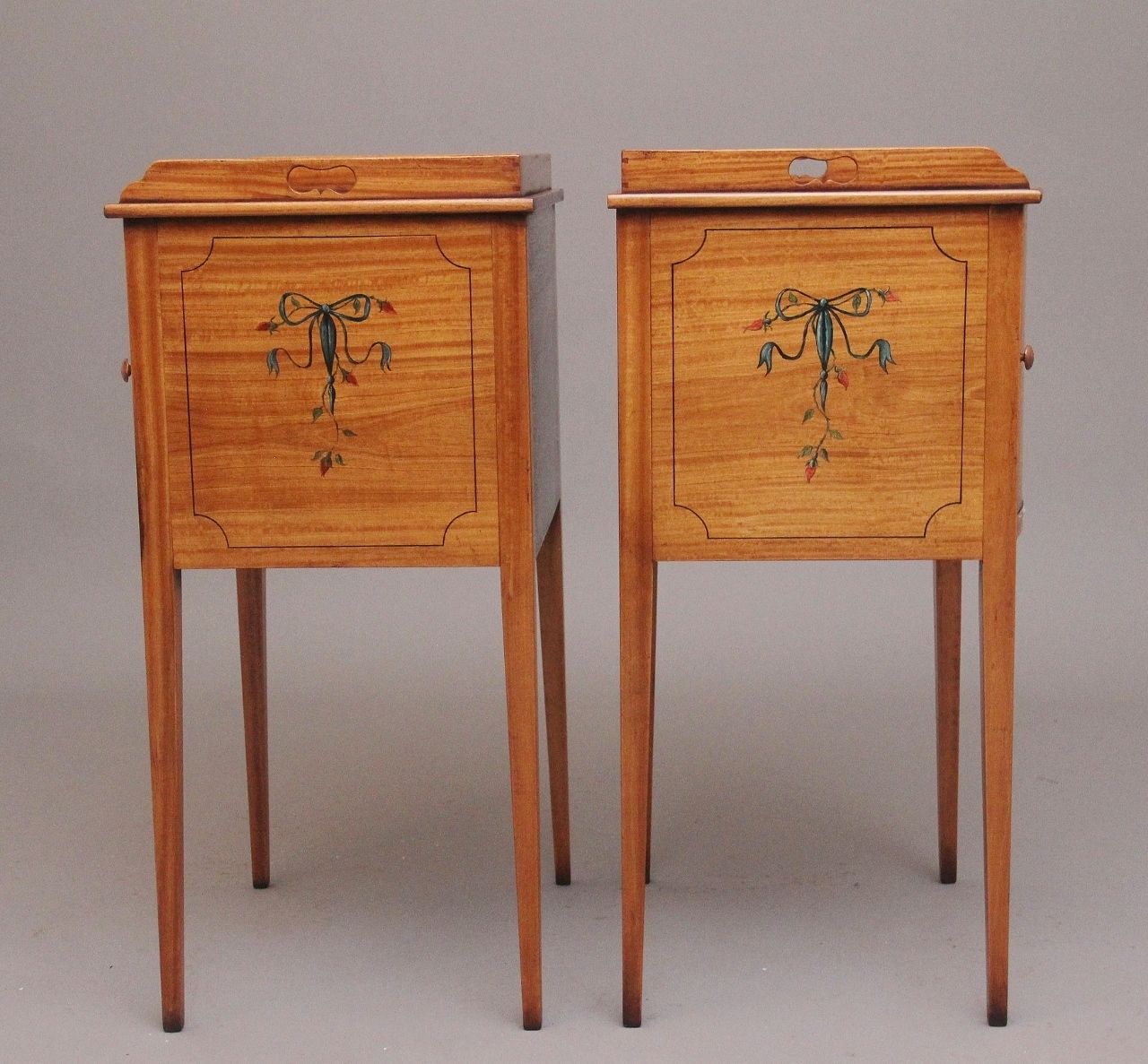 photo for sale Pair Early 20th Century Satinwood Bedside Cabinets In The Sheraton Style