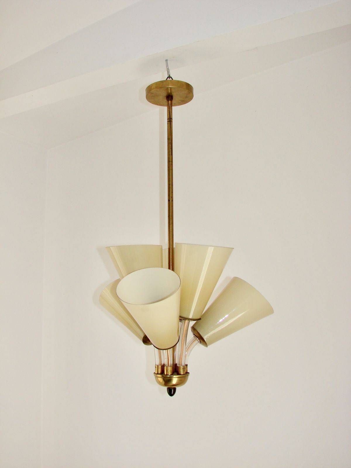 Chandelier Kamenický šenov – Czechoslovakia, 1950s, Brass And Glass photo for sale