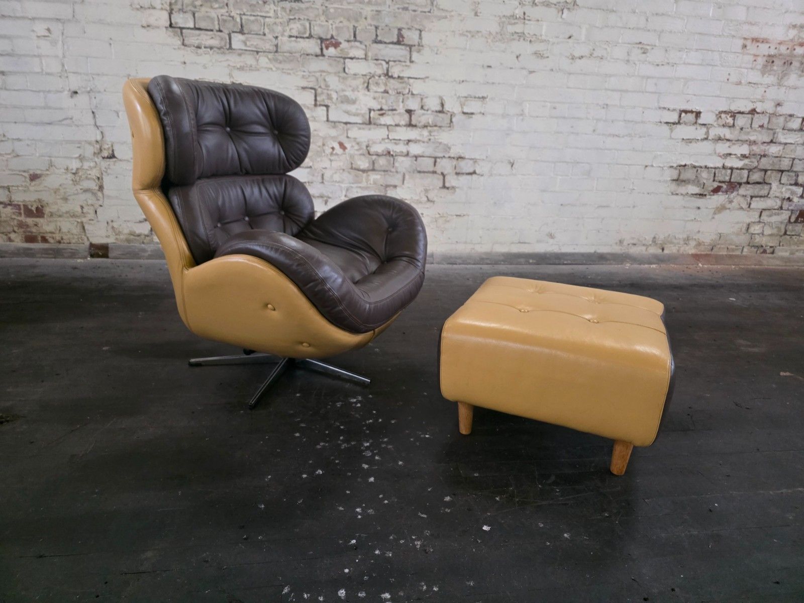 Original Mid Century 1970s Lounge Chair With Footstool In Leather photo furniture