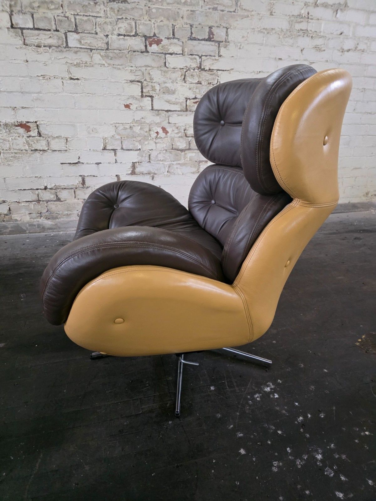 Original Mid Century 1970s Lounge Chair With Footstool In Leather photo buy
