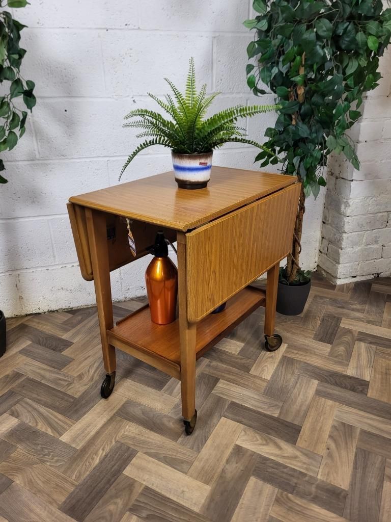 Vintage Mid Century Teak Formica Dropleaf Tea Trolley Drinks Bar Retro photo furniture