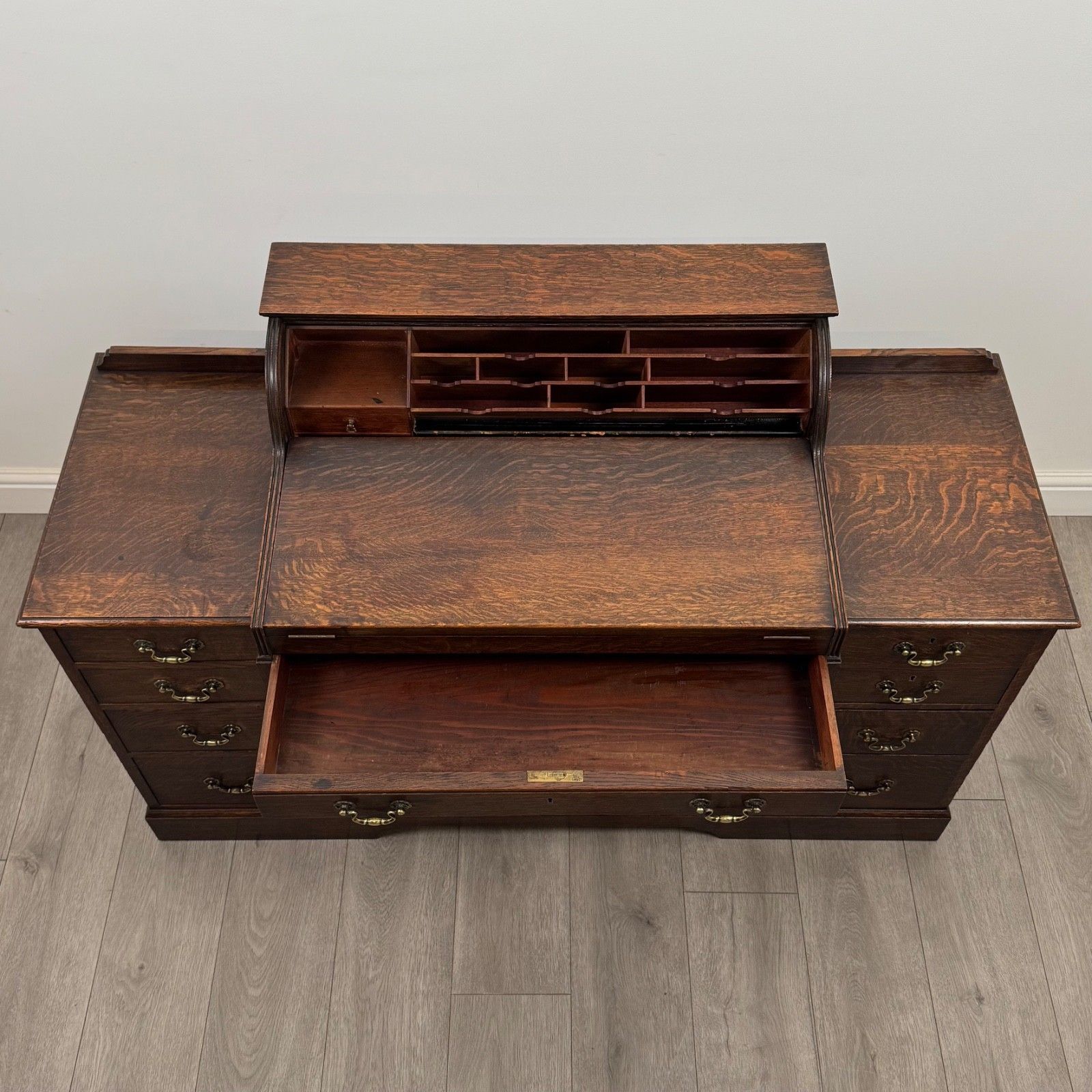 Furniture Antique 19th Century Tambour Top Bankers Desk In Oak photo