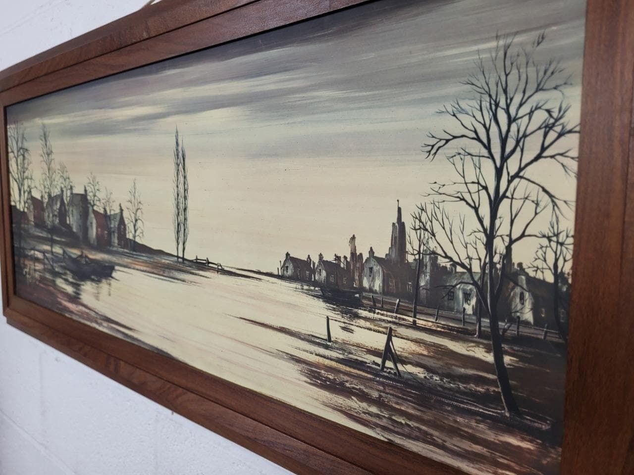 Vintage Mid Century Large Teak Framed Print Riverbanks By Ronald Norman Folland photo for sale