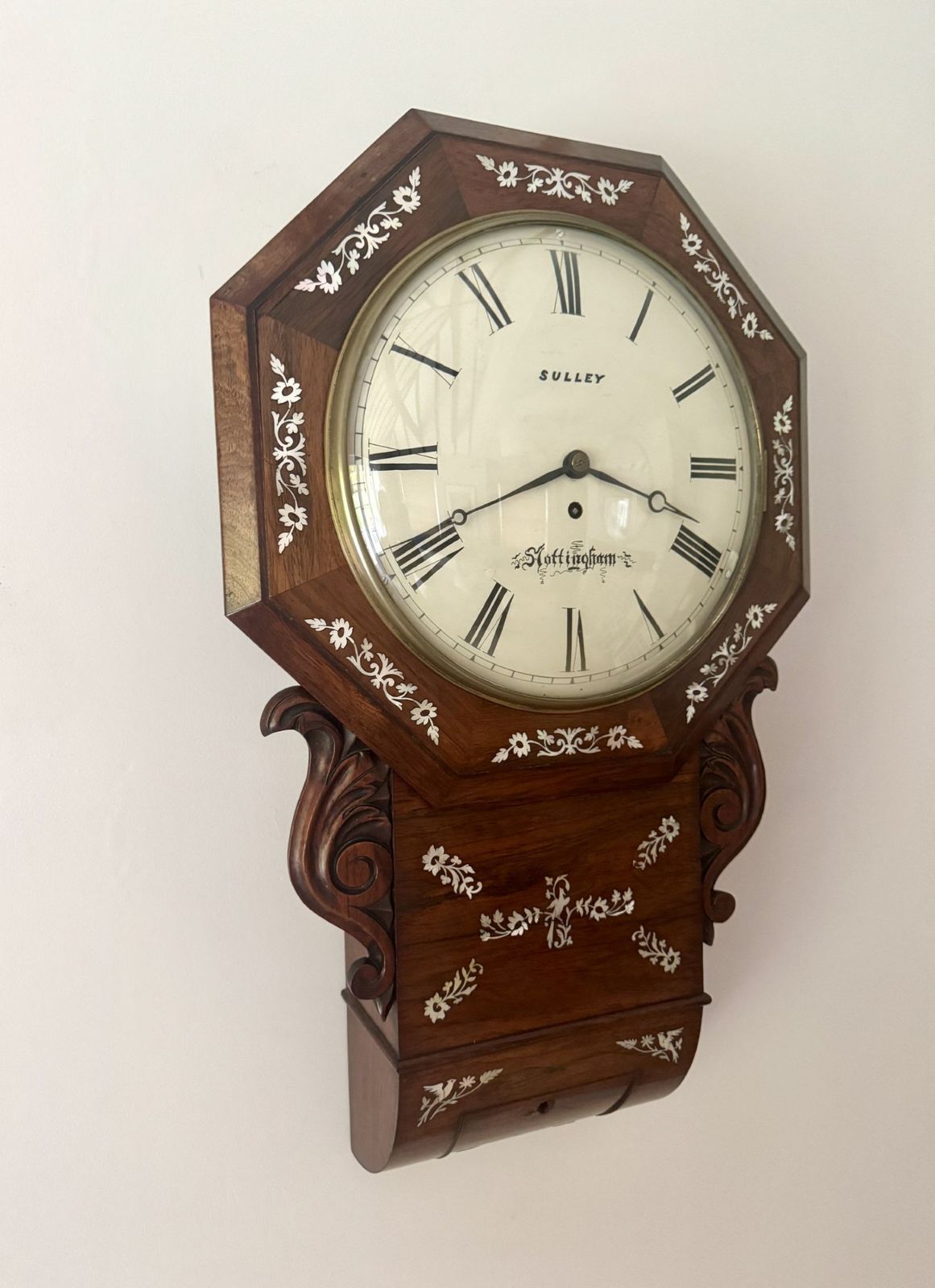 Antique 19th Century Quality Rosewood Inlaid Drop Dial Wall Clock photo for sale