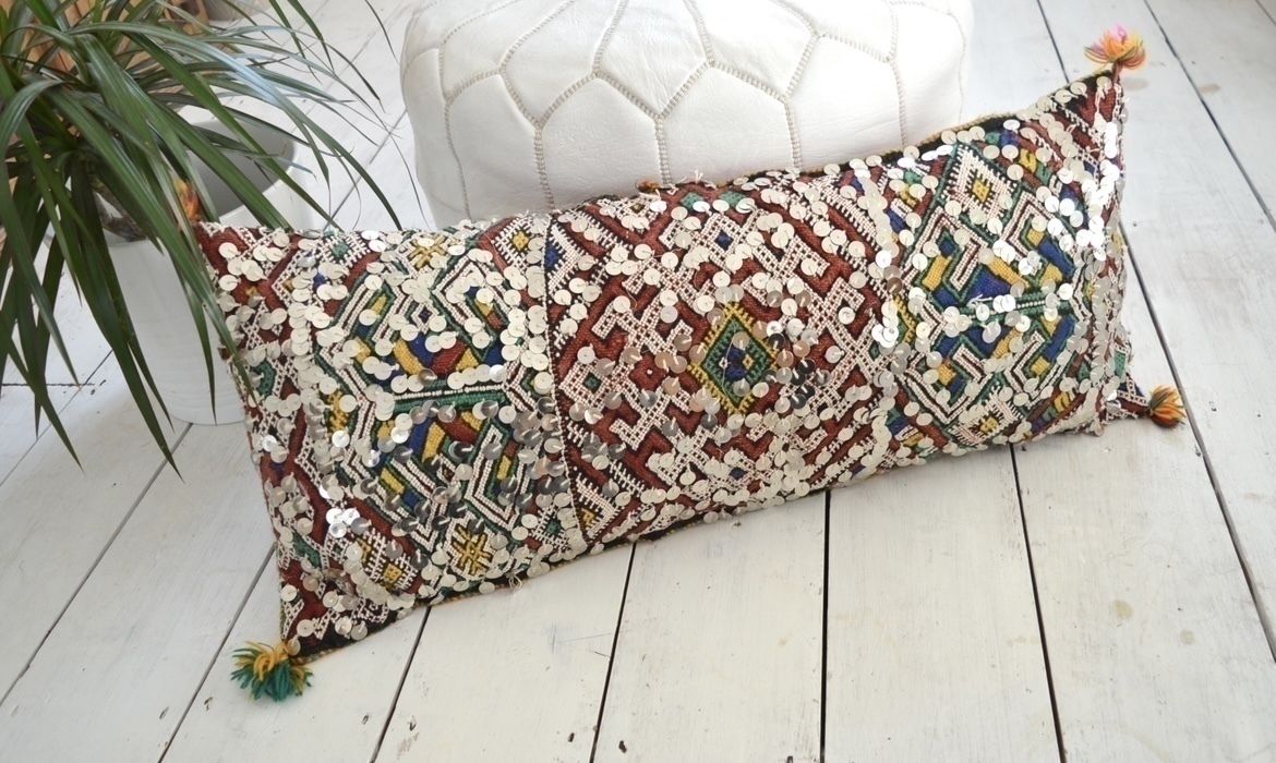 Vintage Moroccan Berber Xl Amazigh Tribal Motifs, Wool & Silk Rich Multicolour Tones Hand Sewn Sequins Stuffed Cushion