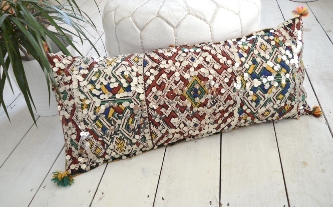 Vintage Moroccan Berber Xl Amazigh Tribal Motifs, Wool & Silk Rich Multicolour Tones Hand Sewn Sequins Stuffed Cushion photo for sale