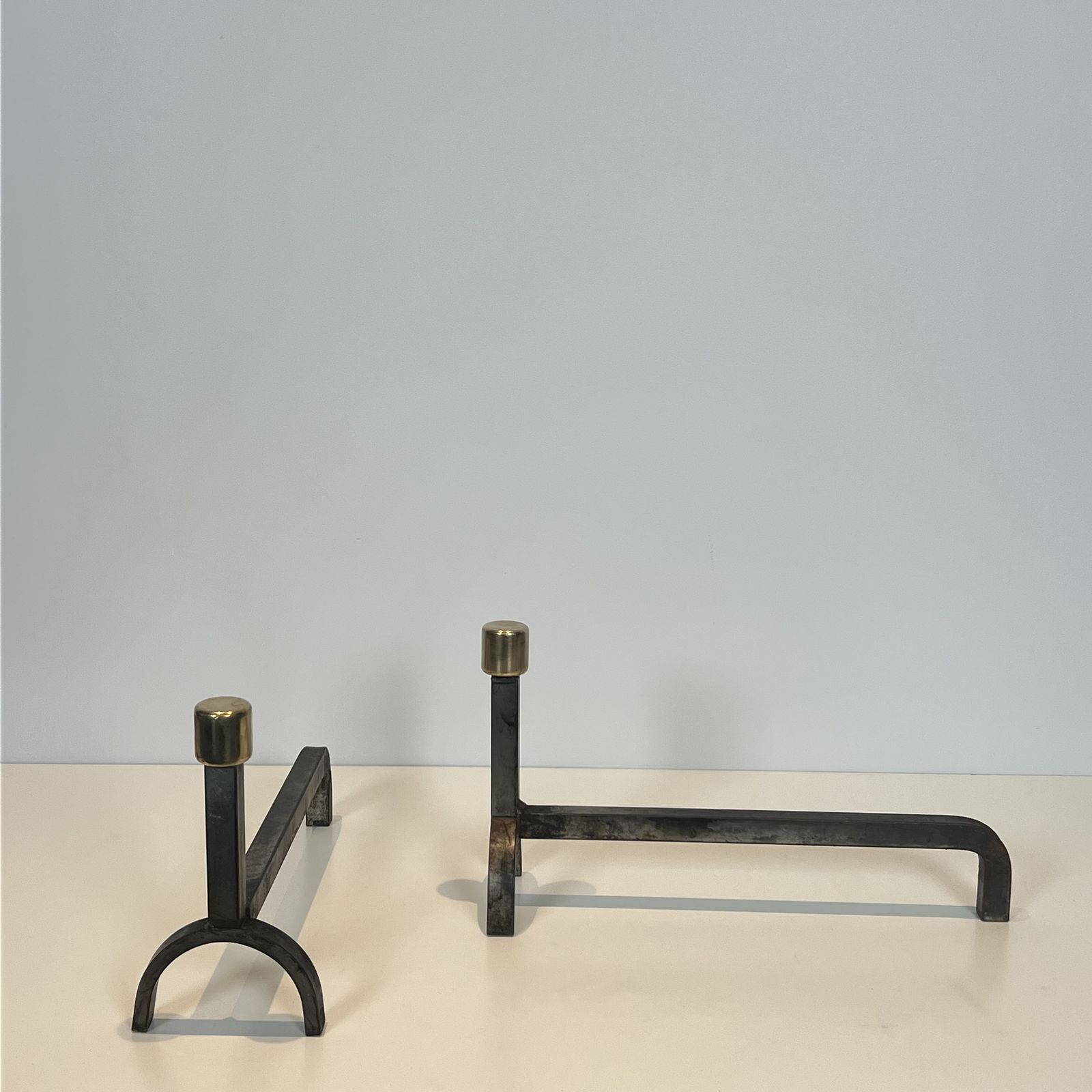 Pair Of Modernist Wrought Iron And Brass Andirons photo 850.0