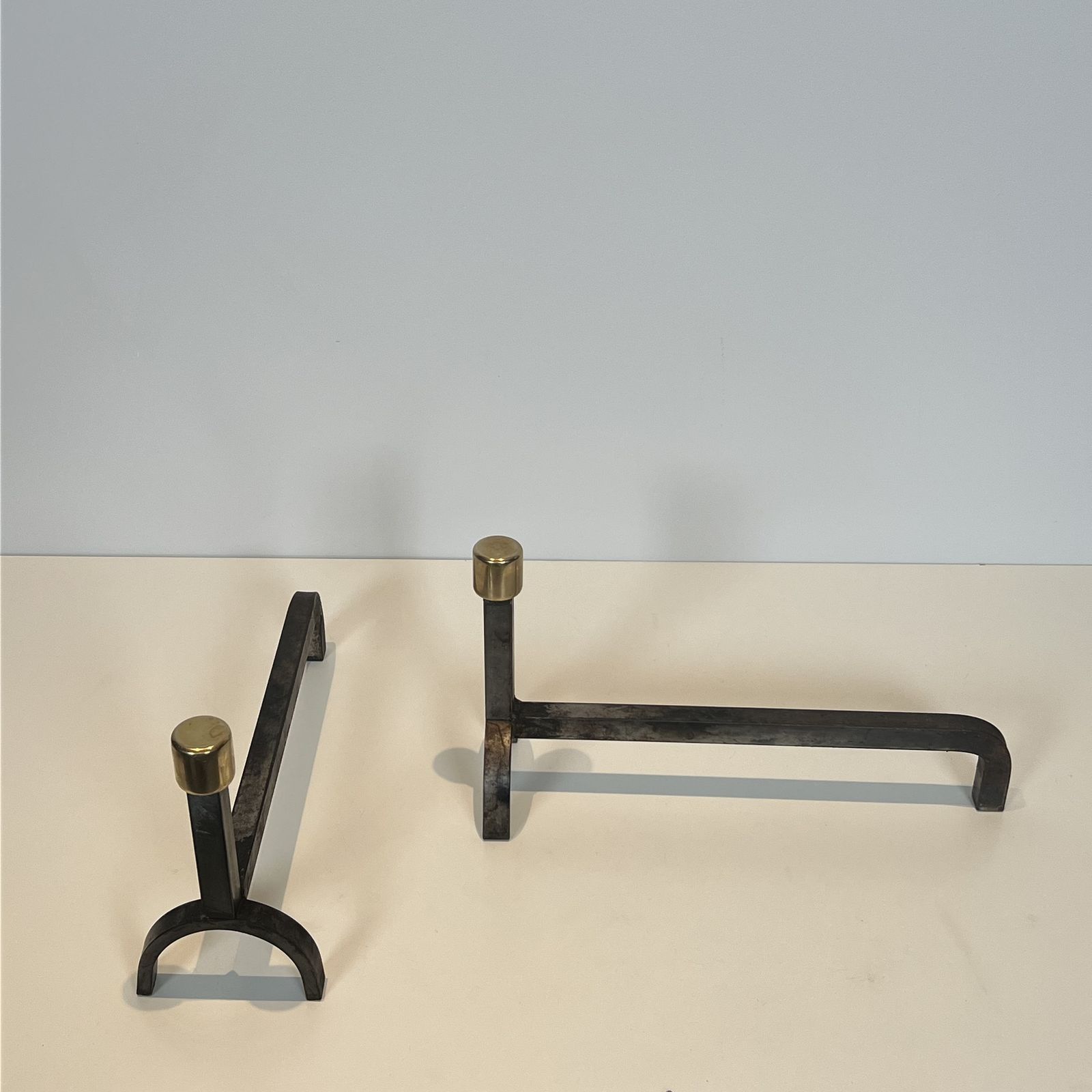 Pair Of Modernist Wrought Iron And Brass Andirons photo vinterior