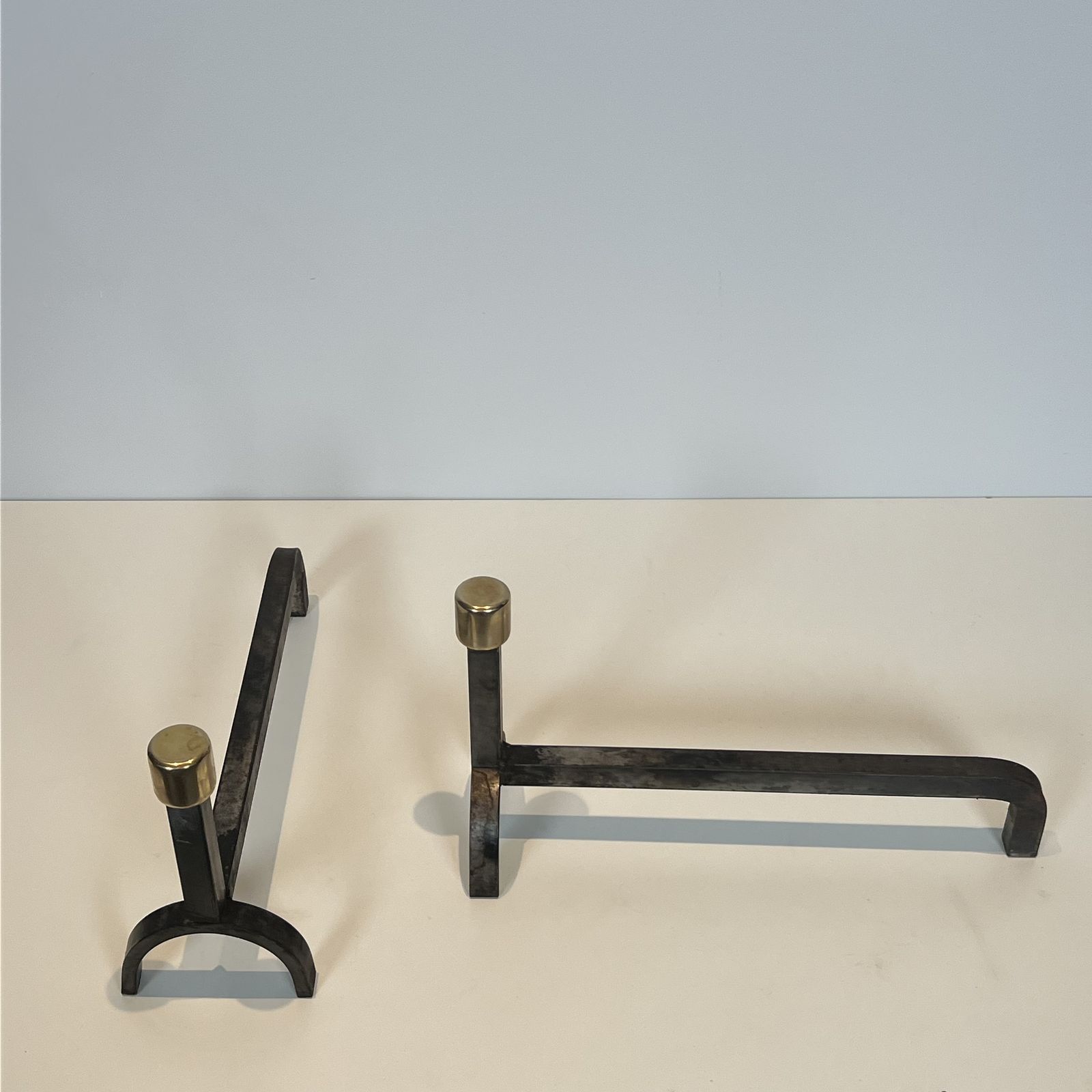 Pair Of Modernist Wrought Iron And Brass Andirons photo buy