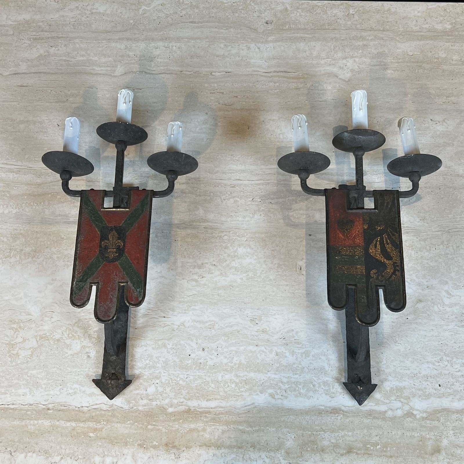 Important Pair Of Wrought Iron Wall Sconces With Coat Of Arms And 3 Gothic Style Lights