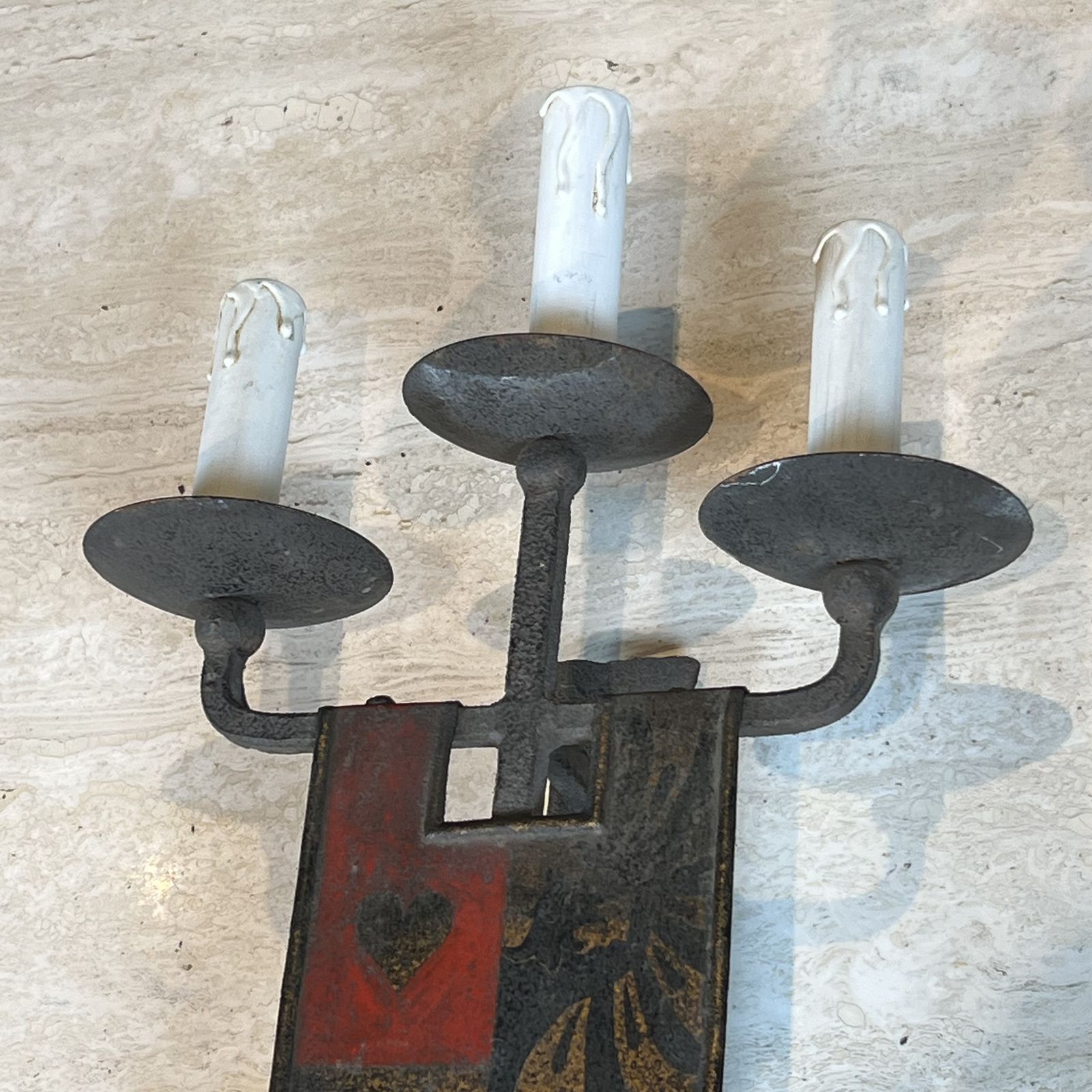 Important Pair Of Wrought Iron Wall Sconces With Coat Of Arms And 3 Gothic Style Lights photo vintage