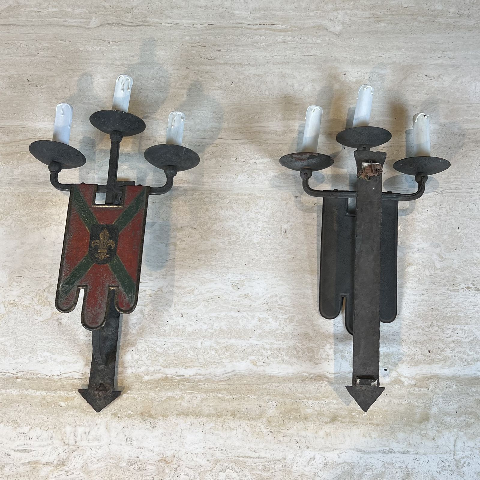 photo furniture Important Pair Of Wrought Iron Wall Sconces With Coat Of Arms And 3 Gothic Style Lights