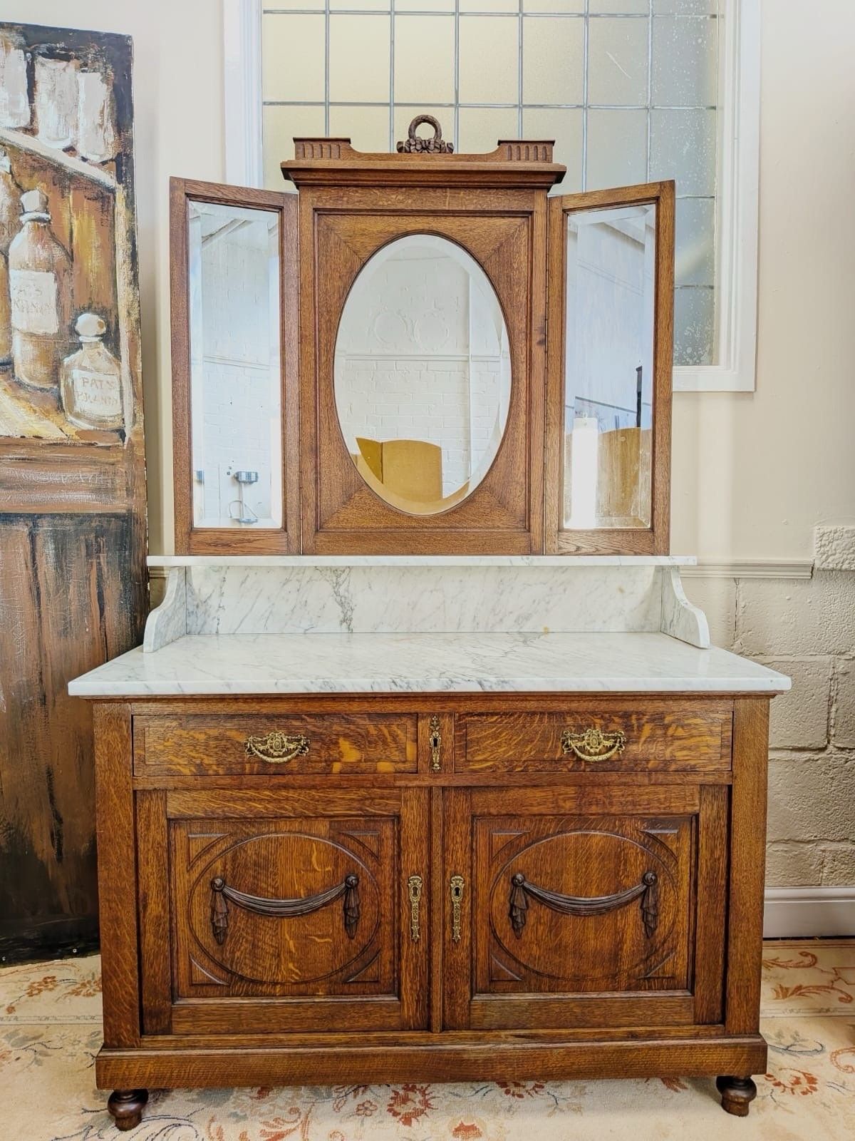 Furniture Solid Oak Carved French Continental 4 Piece Double Wardrobe Bedroom Suite C1900 photo