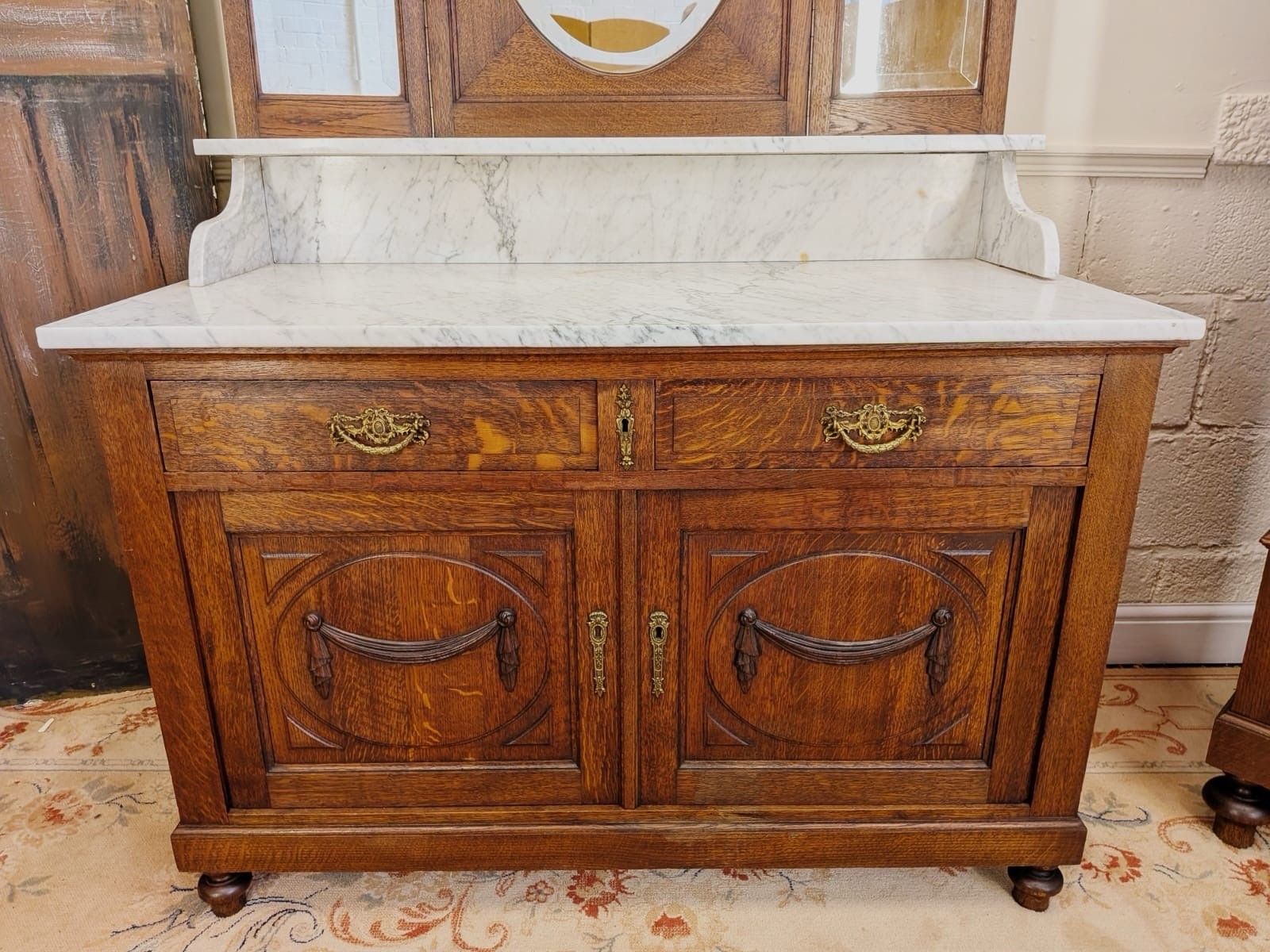 photo buy Solid Oak Carved French Continental 4 Piece Double Wardrobe Bedroom Suite C1900