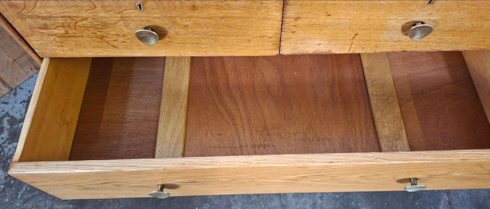 Chest Of Drawers ~ Oak ~ Vintage ~ Mid Century ~ Brass Handles photo vintage