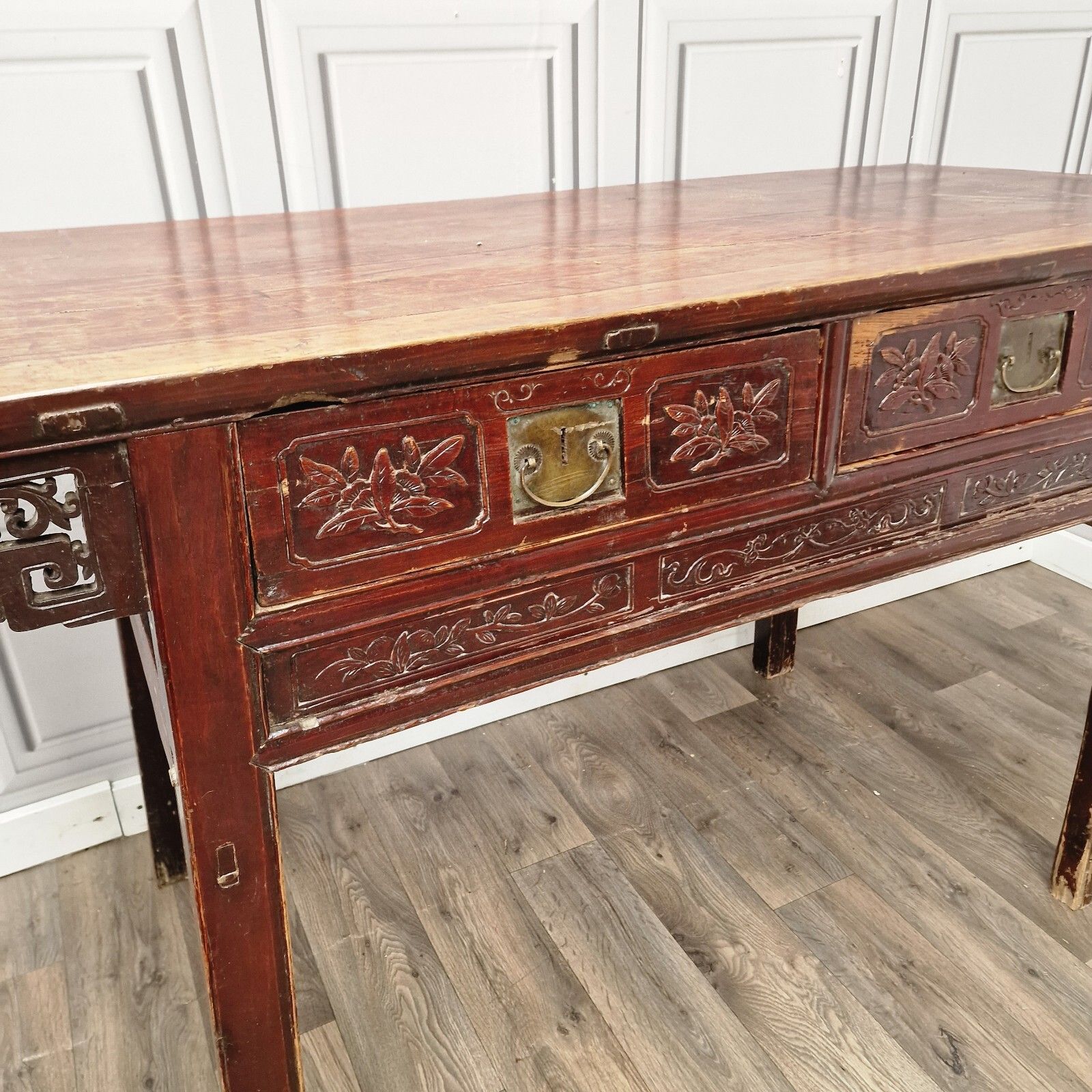 Antique Chinese Altar Table 19th Century Solid Wooden Bench Carved Oriental photo vinterior
