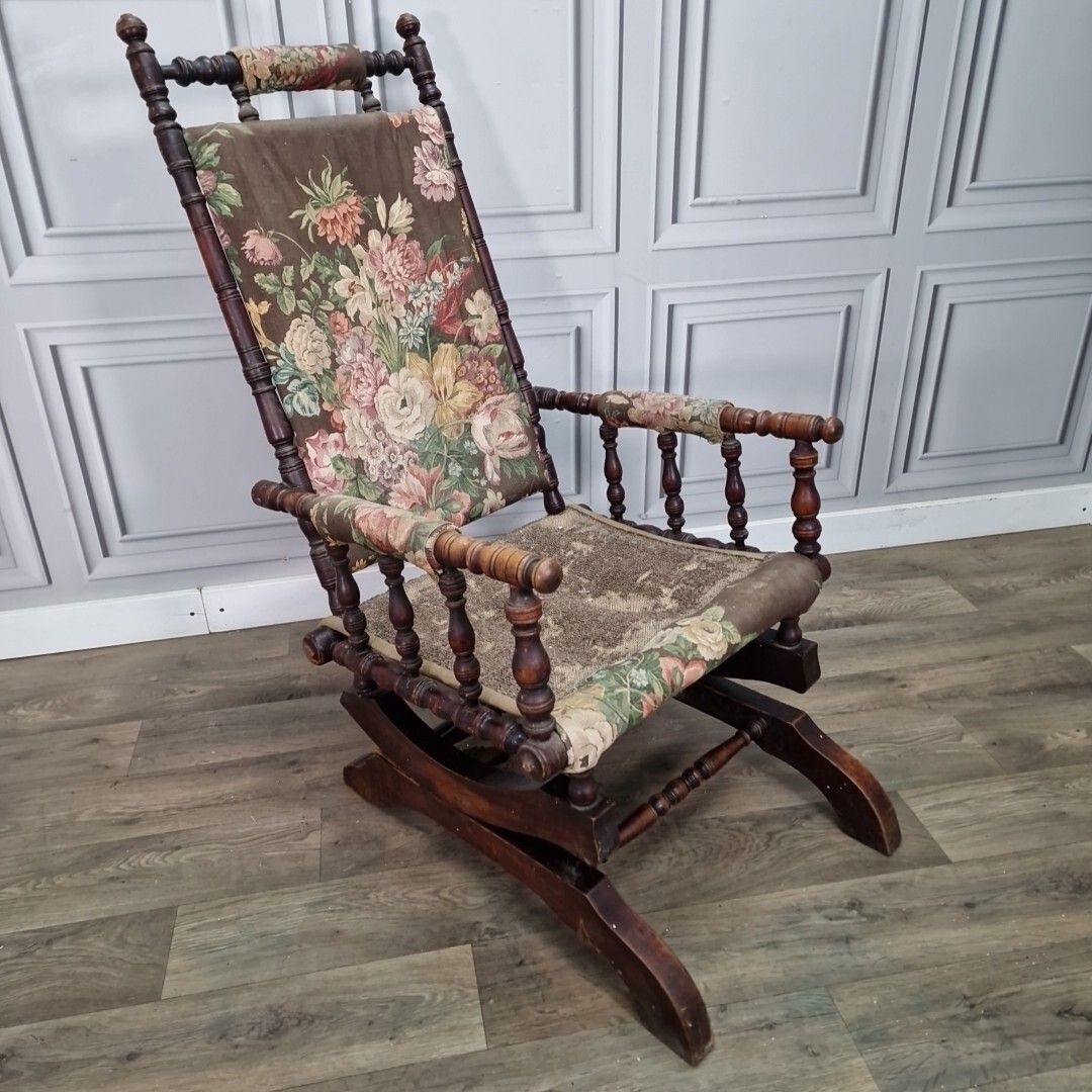 Antique American Rocking Chair Edwardian Sprung Decorative Turned Wooden Seat photo furniture