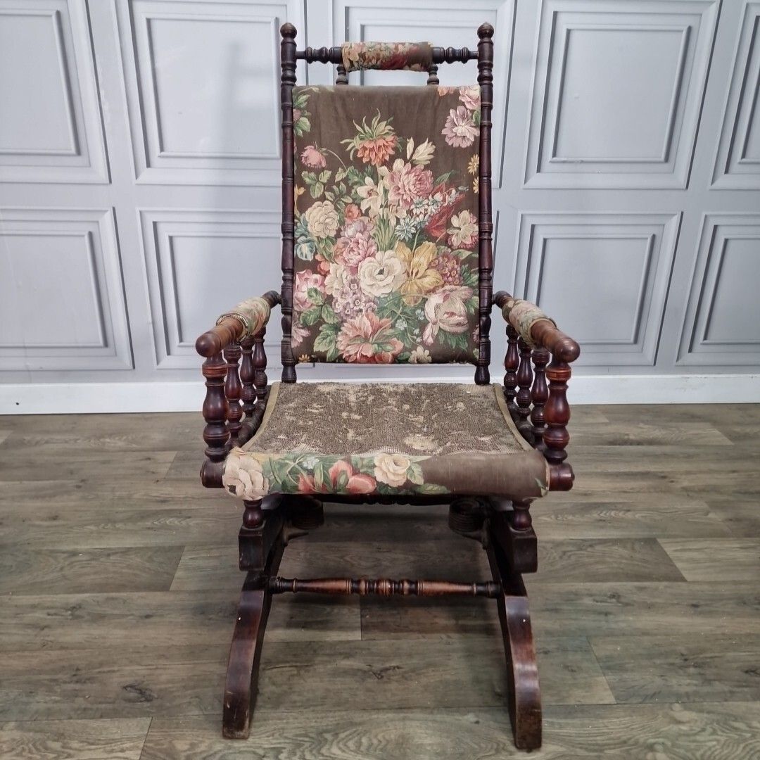Antique American Rocking Chair Edwardian Sprung Decorative Turned Wooden Seat photo 170.0